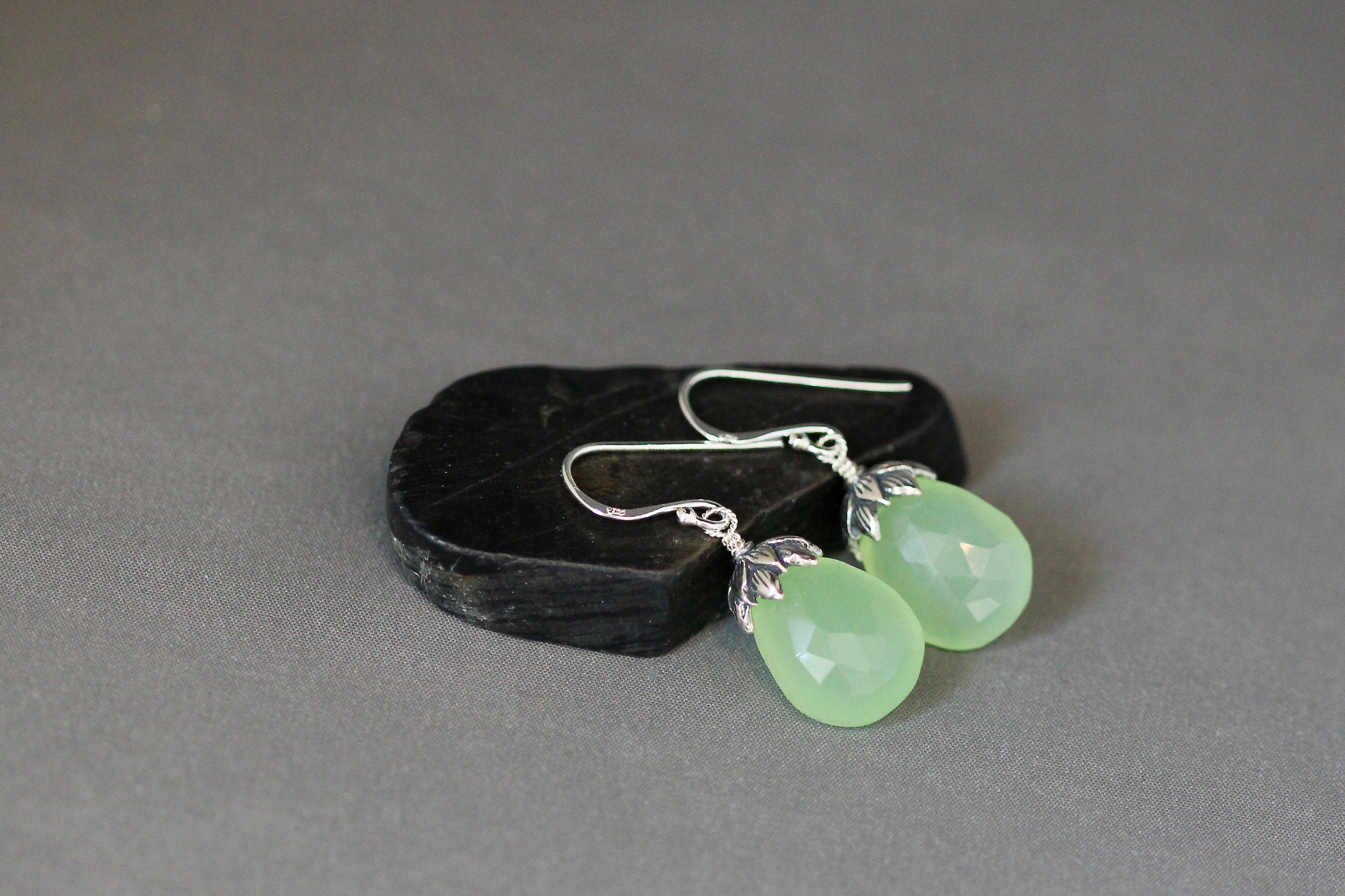 Green Chalcedony Teardrop Dangle Earrings with Bali Sterling Silver Caps
