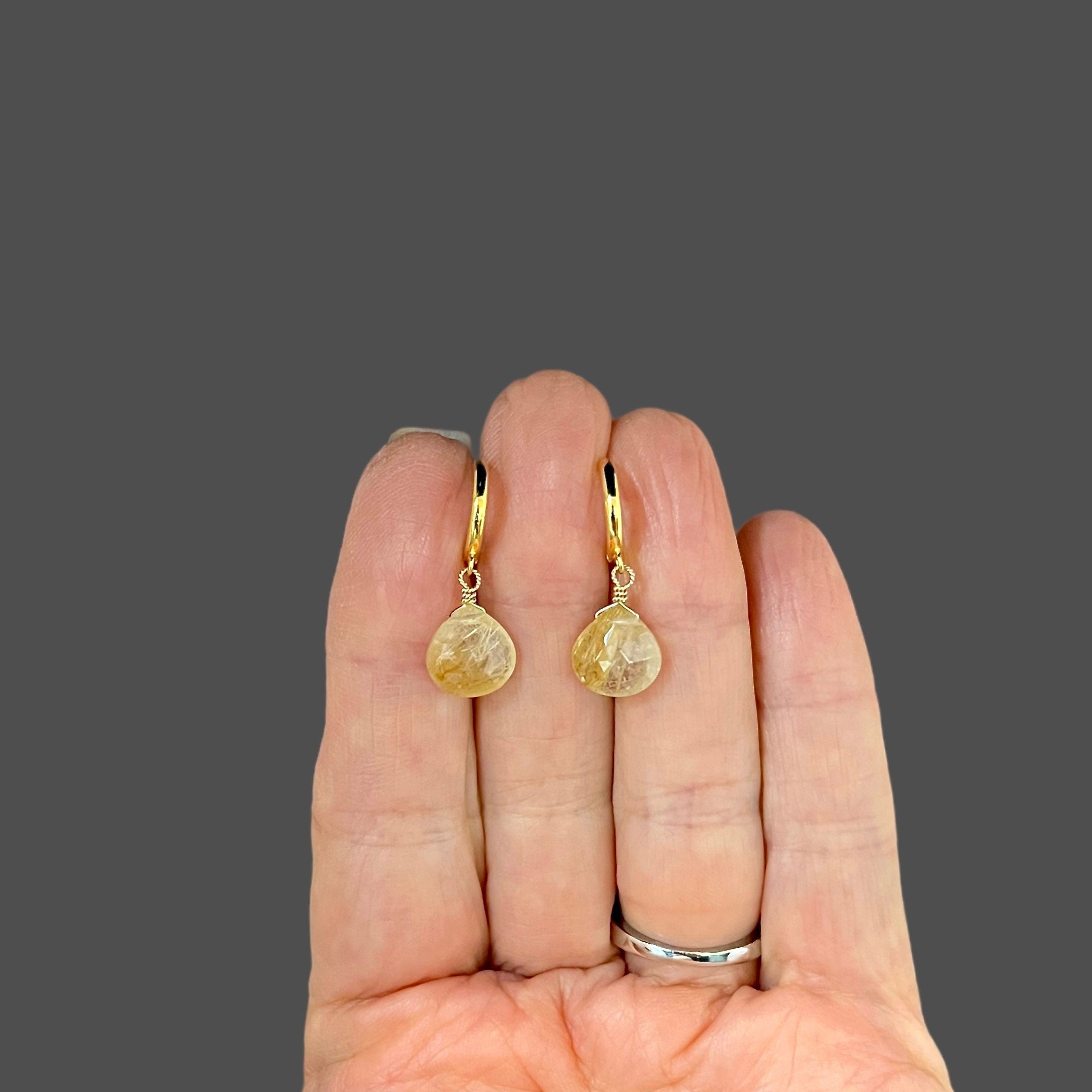 Gold Rutilated Quartz Teardrop Earrings on Gold Vermeil Huggie Hoops I