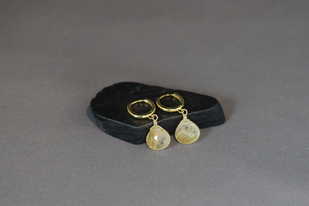 Gold Rutilated Quartz Teardrop Earrings on Gold Vermeil Huggie Hoops I