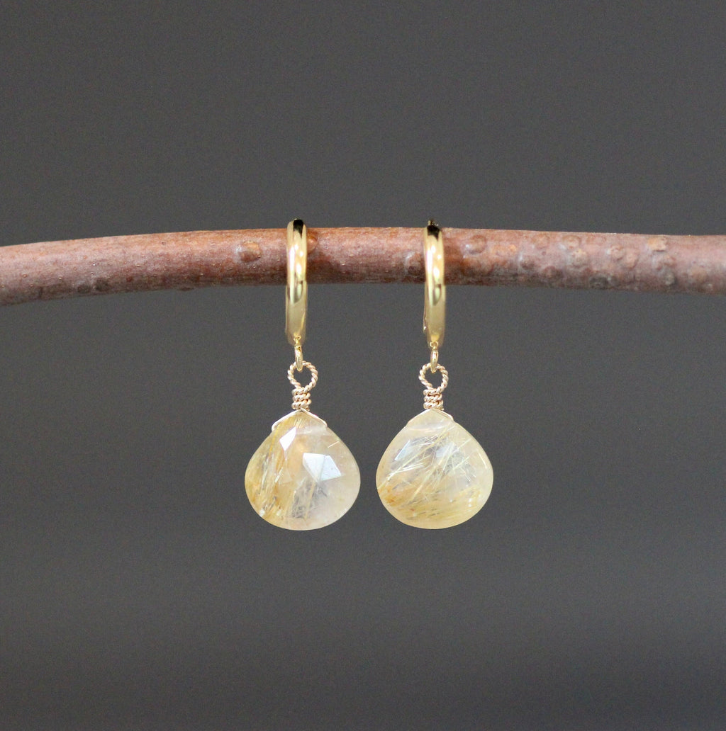 Gold Rutilated Quartz Teardrop Earrings on Gold Vermeil Huggie Hoops I