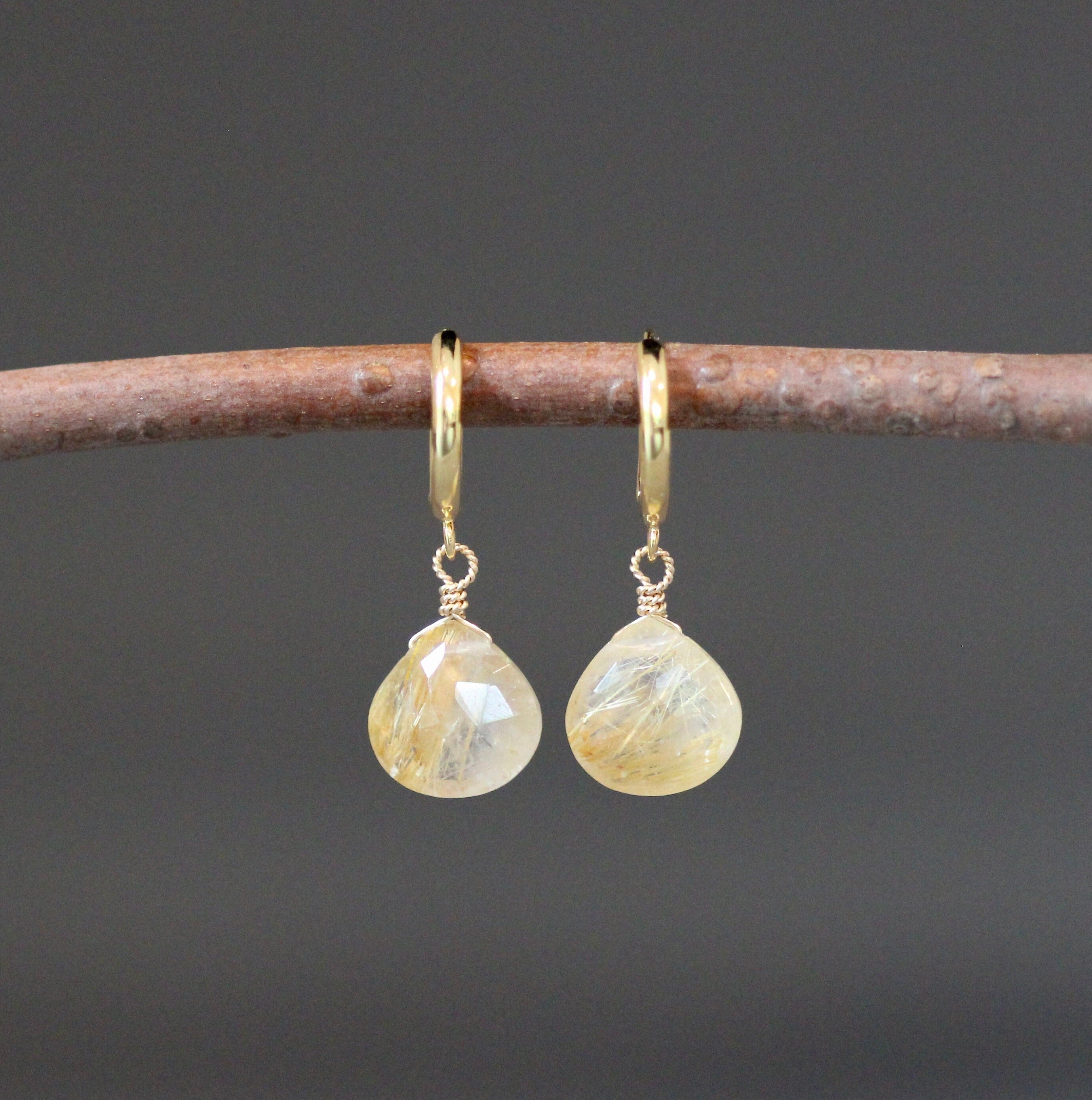Gold Rutilated Quartz Teardrop Earrings on Gold Vermeil Huggie Hoops I