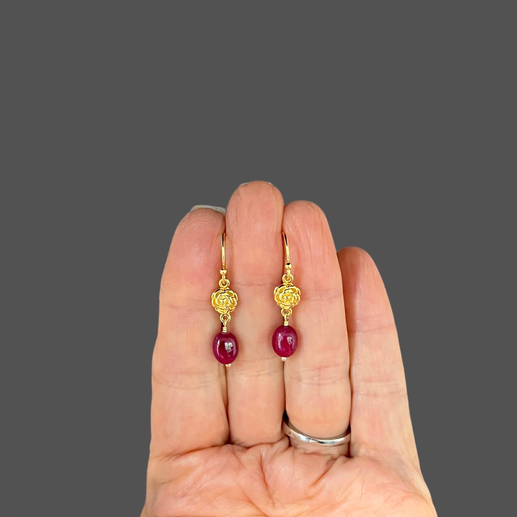Ruby and Gold Vermeil Rose Flower Dangle Earrings