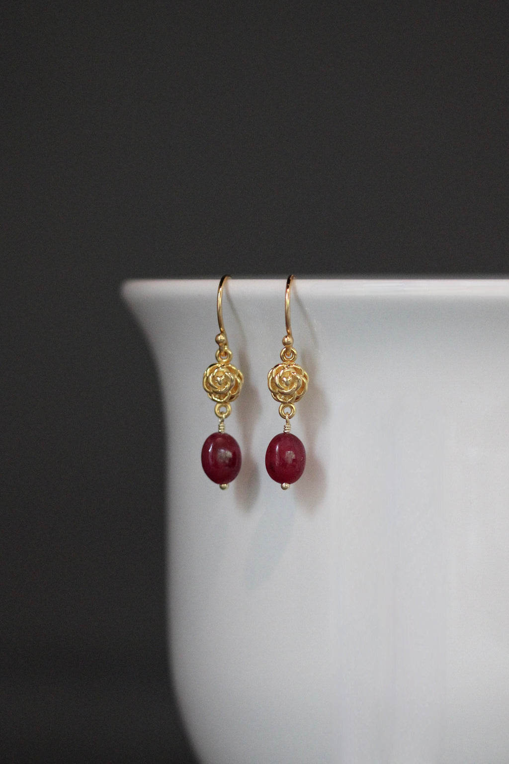 Ruby and Gold Vermeil Rose Flower Dangle Earrings