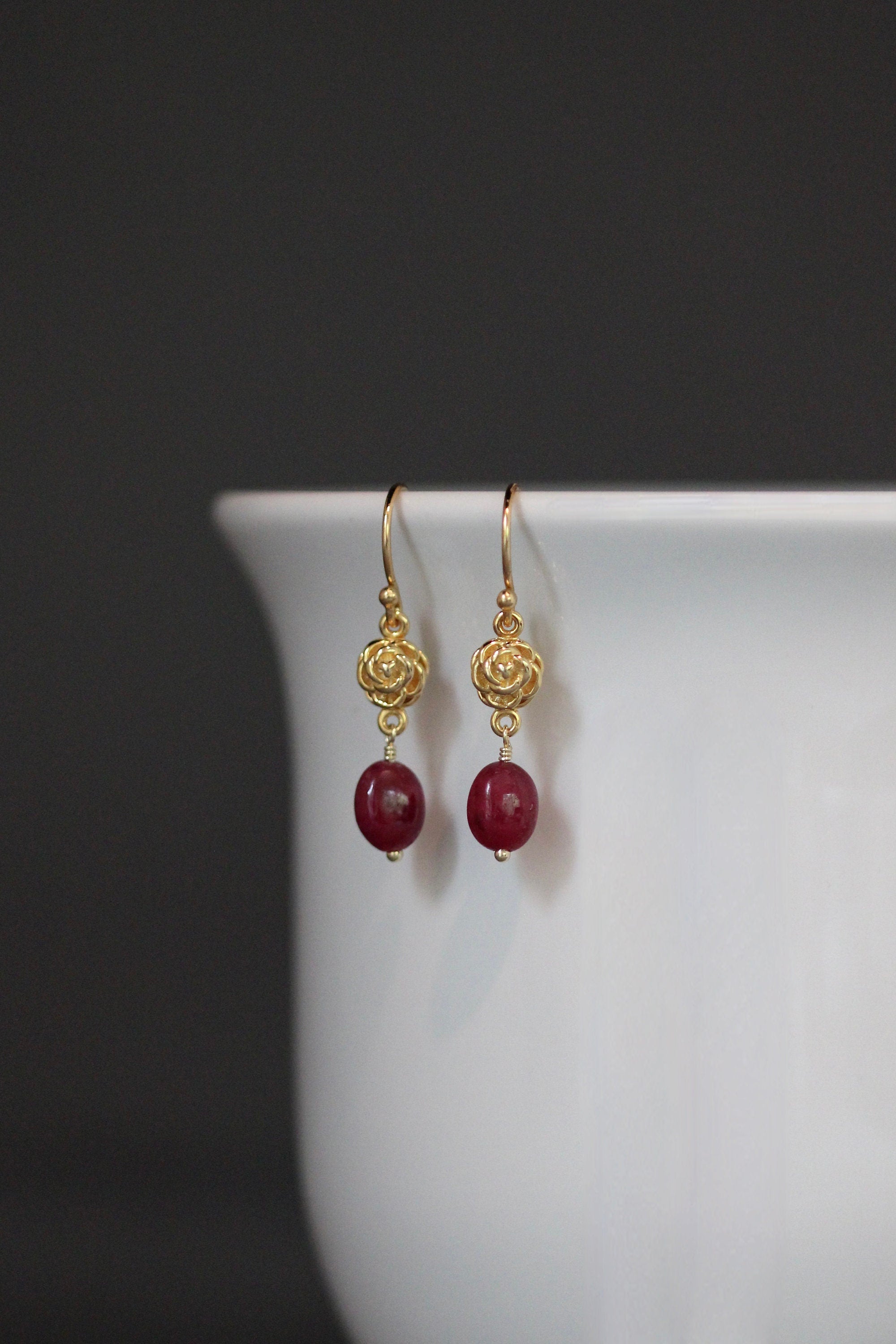 Ruby and Gold Vermeil Rose Flower Dangle Earrings