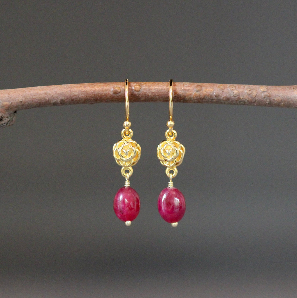 Ruby and Gold Vermeil Rose Flower Dangle Earrings