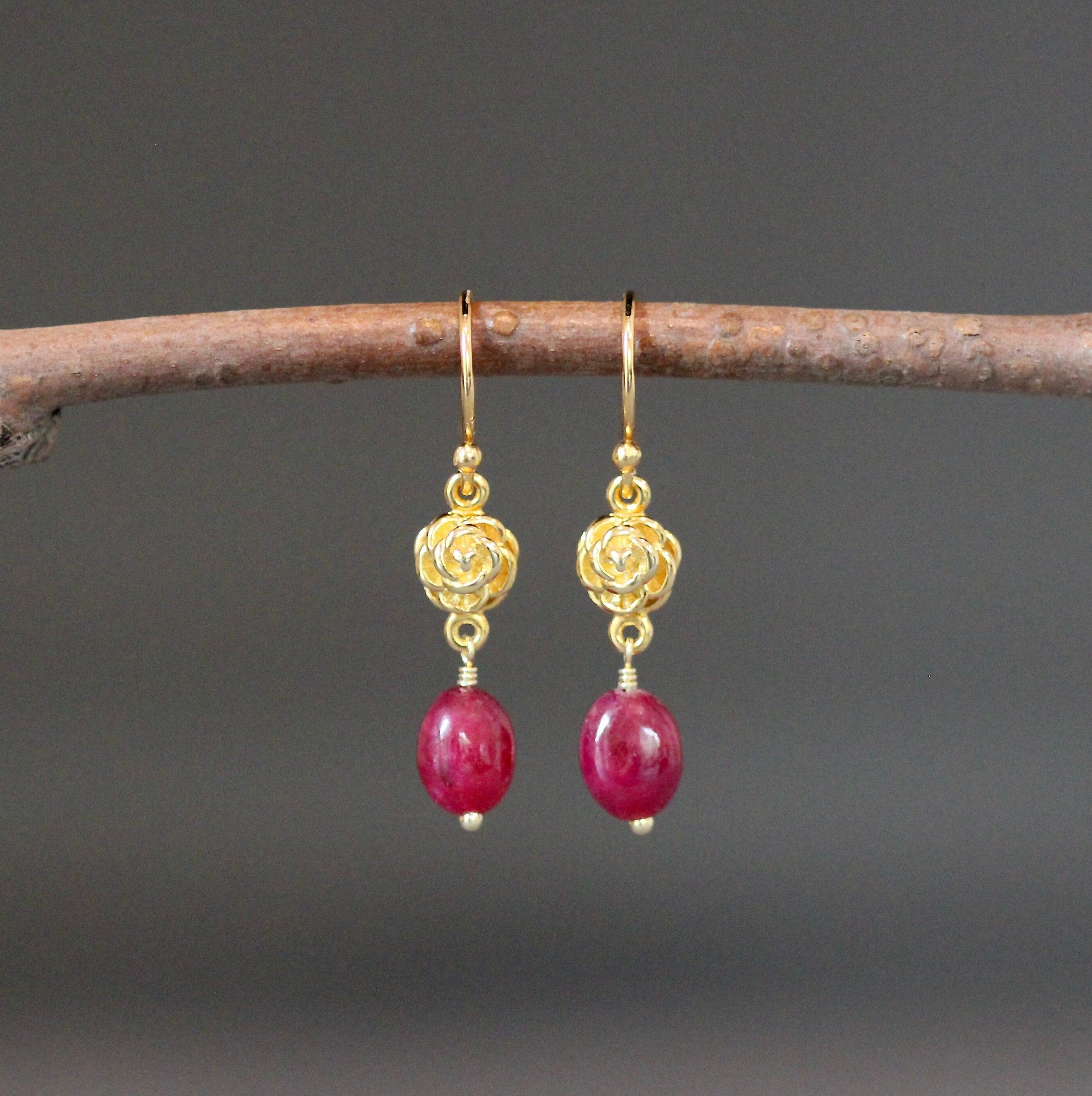 Ruby and Gold Vermeil Rose Flower Dangle Earrings