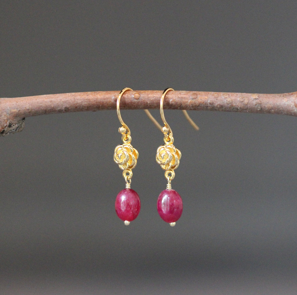 Ruby and Gold Vermeil Rose Flower Dangle Earrings