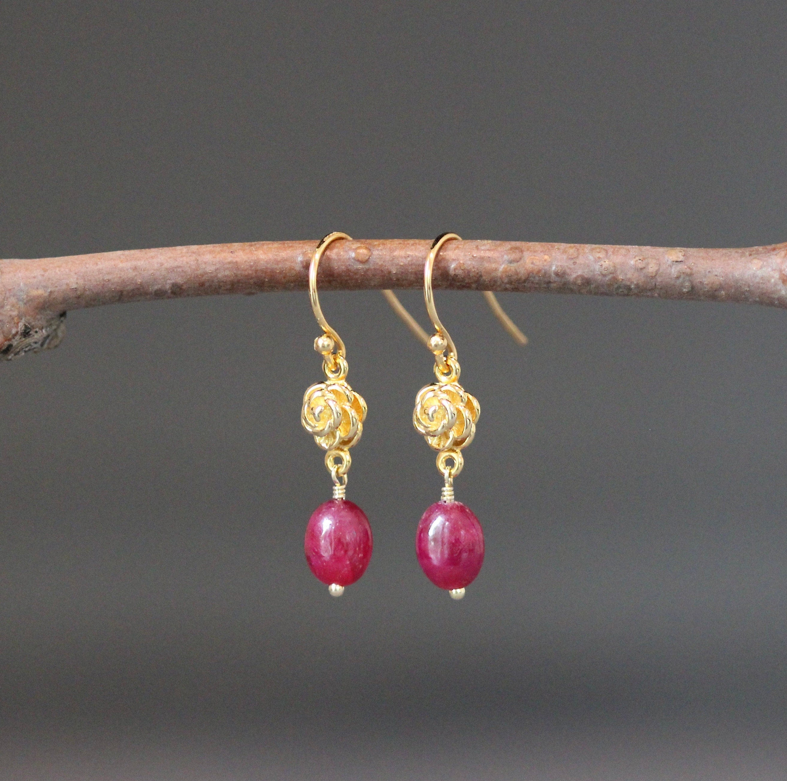 Ruby and Gold Vermeil Rose Flower Dangle Earrings