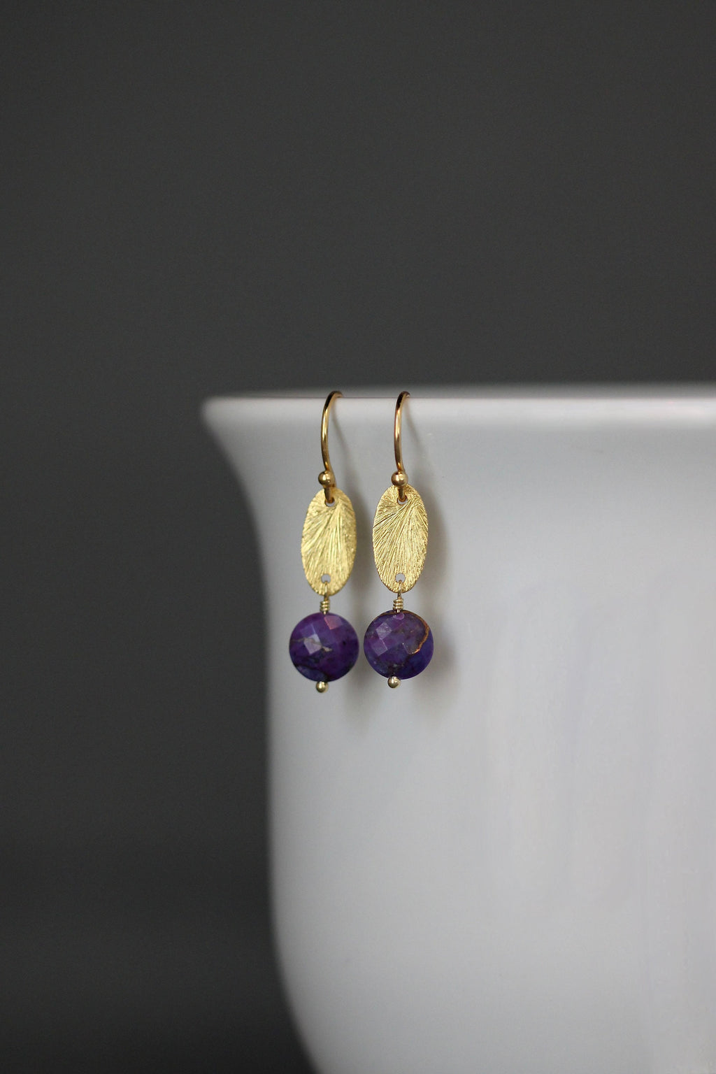 Purple Copper Turquoise Coin Earrings on Brushed Gold Vermeil Oval Links