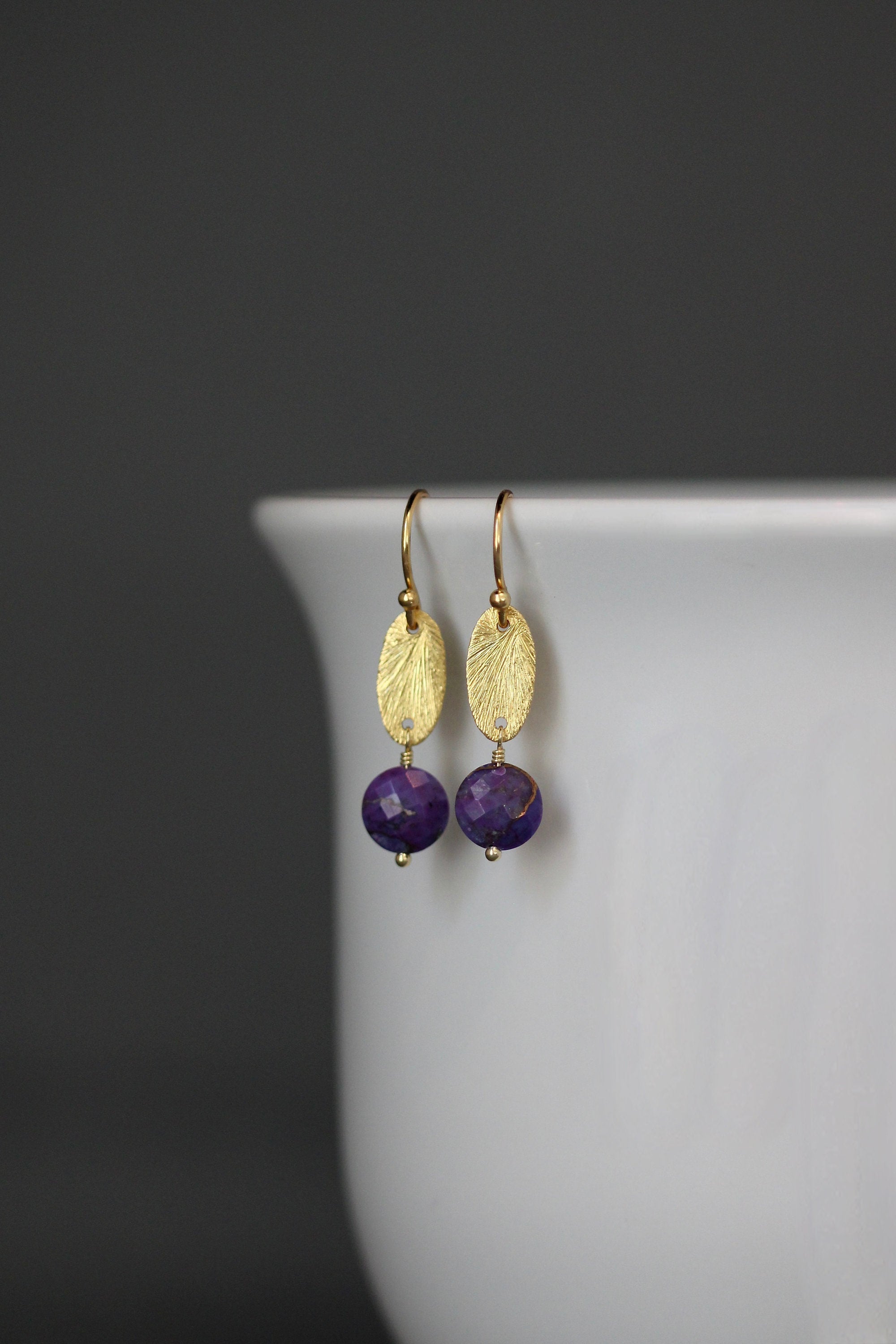Purple Copper Turquoise Coin Earrings on Brushed Gold Vermeil Oval Links