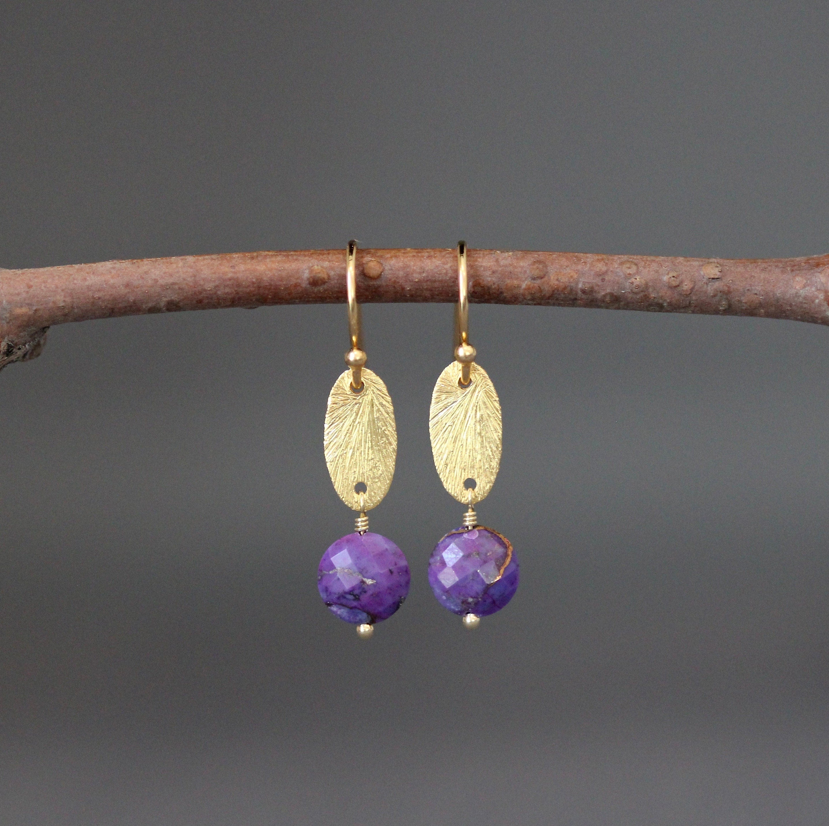 Purple Copper Turquoise Coin Earrings on Brushed Gold Vermeil Oval Links