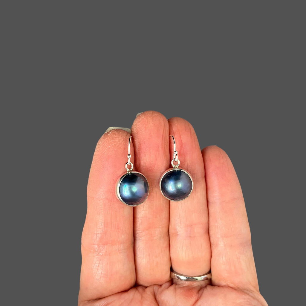 Gray and Black Freshwater Pearl Bezel Earrings in Bali Sterling Silver