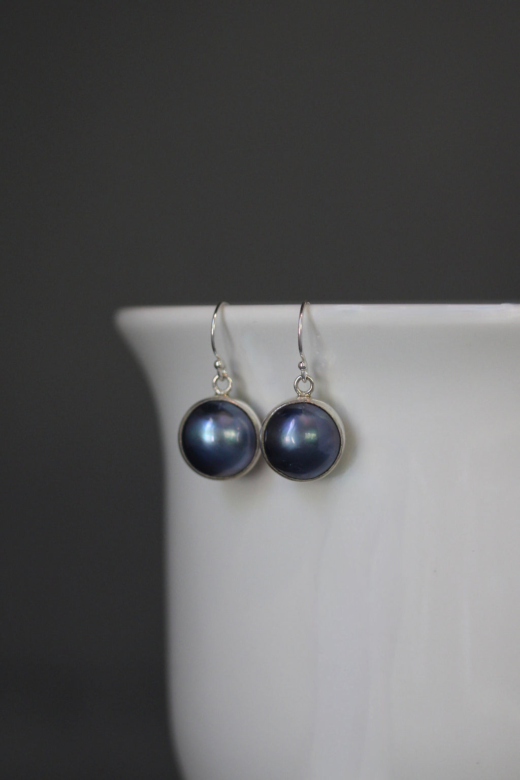 Gray and Black Freshwater Pearl Bezel Earrings in Bali Sterling Silver