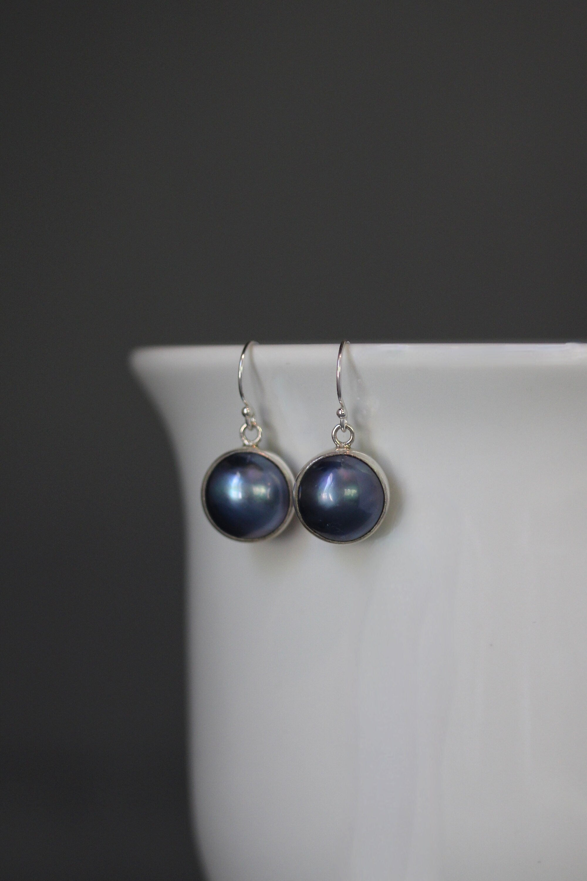 Gray and Black Freshwater Pearl Bezel Earrings in Bali Sterling Silver