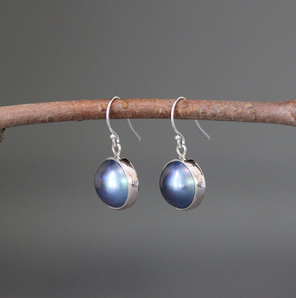 Gray and Black Freshwater Pearl Bezel Earrings in Bali Sterling Silver
