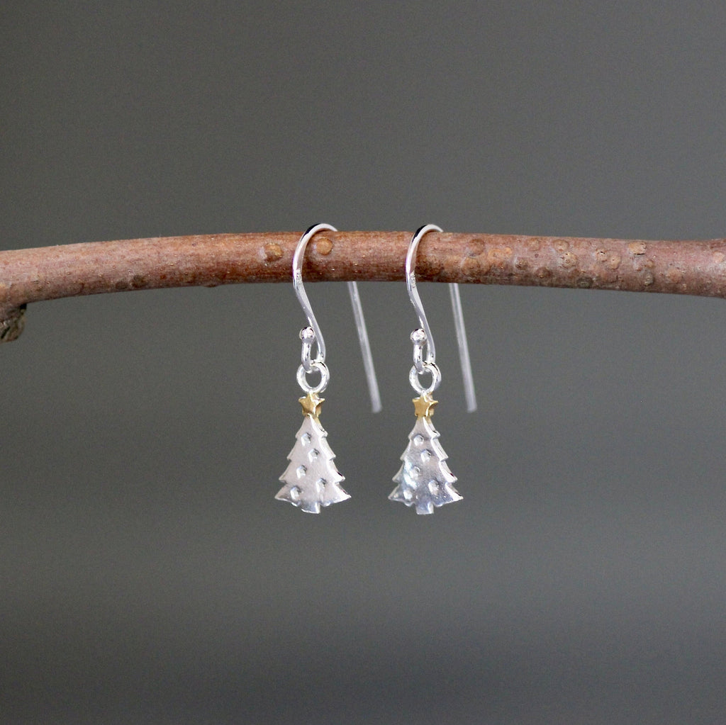 Sterling Silver Tree with Gold Vermeil Star Dangle Earrings