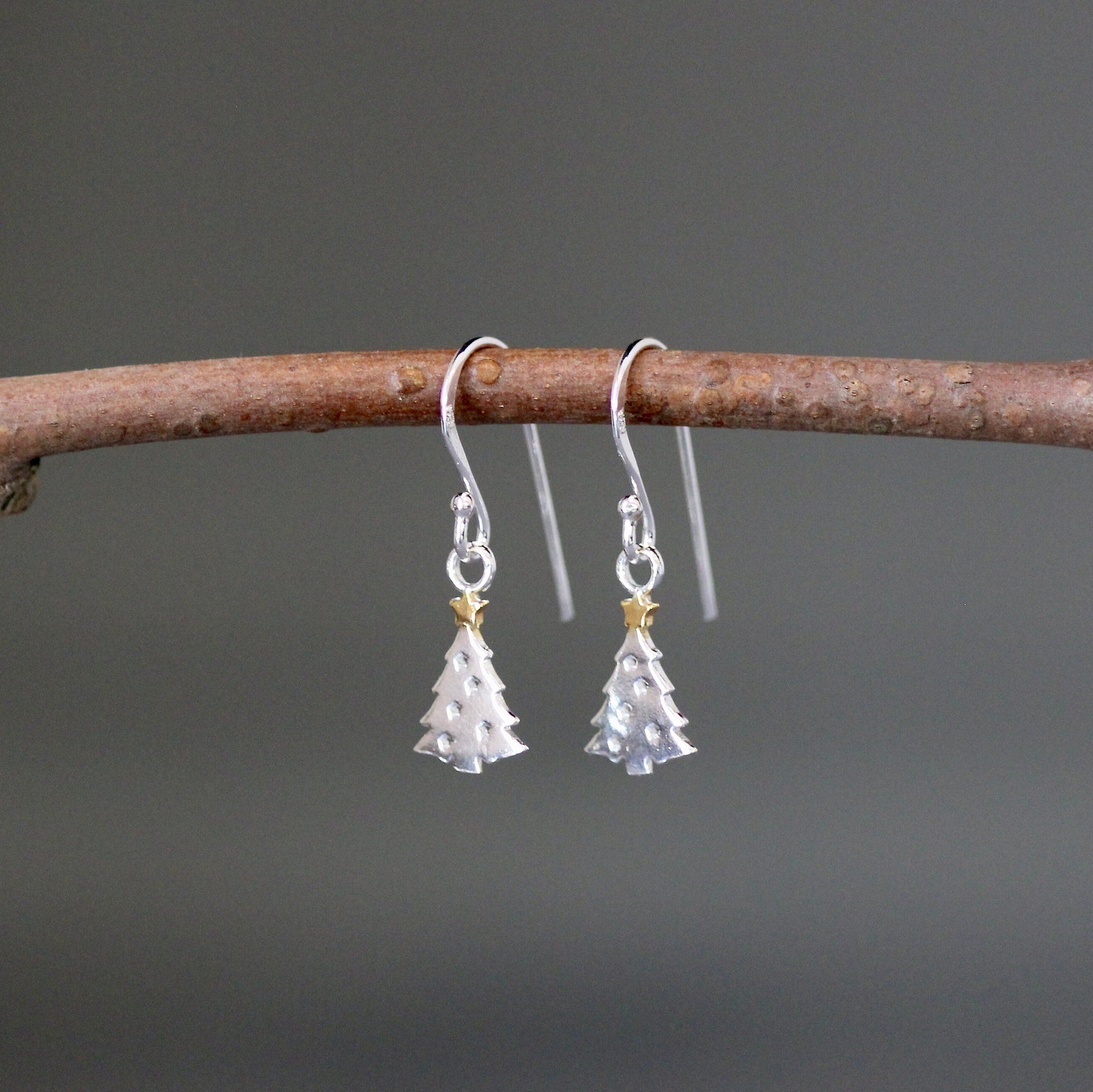 Sterling Silver Tree with Gold Vermeil Star Dangle Earrings