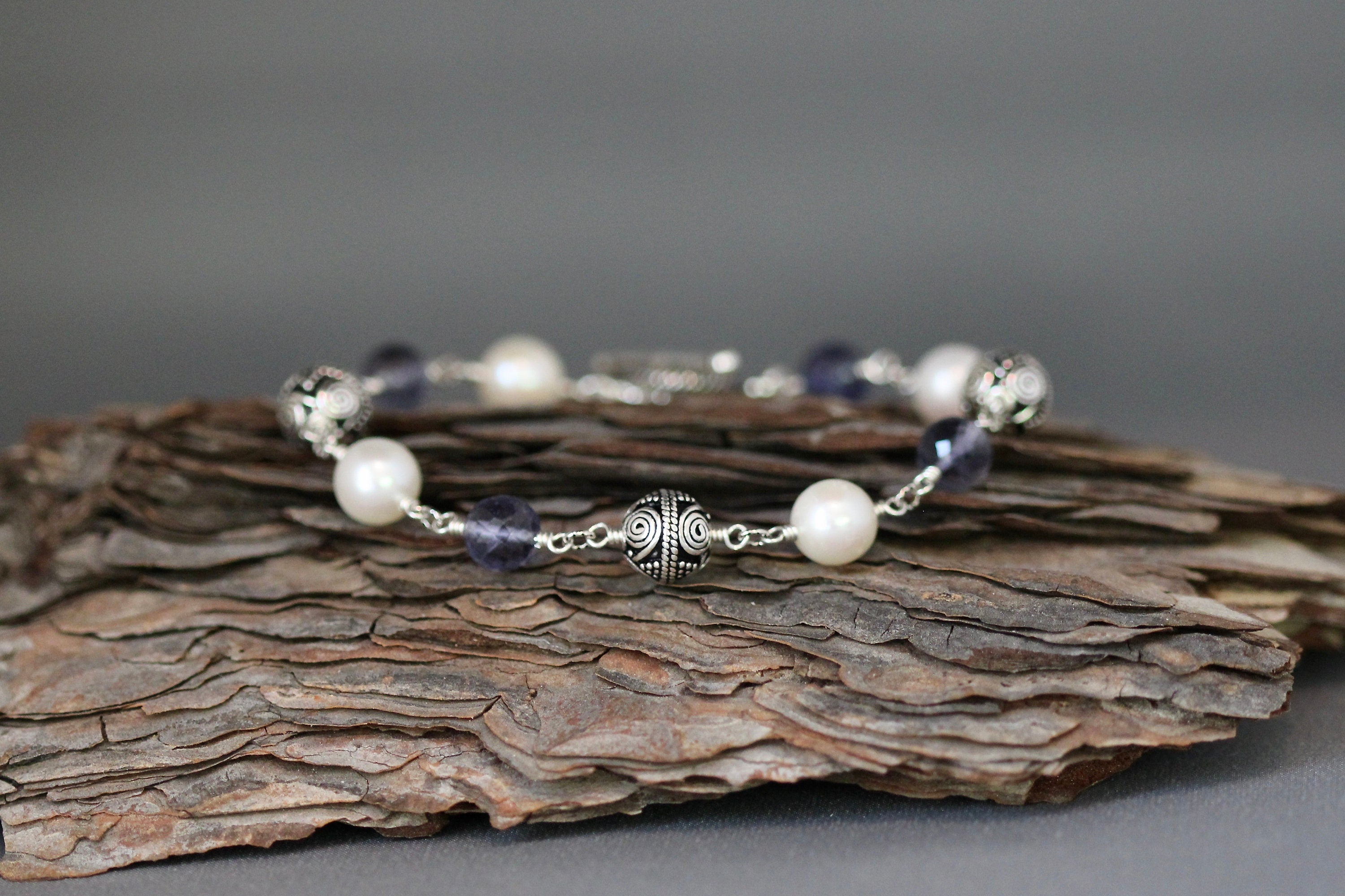 Blue Iolite, Freshwater Pearl, and Bali Sterling Silver Bracelet