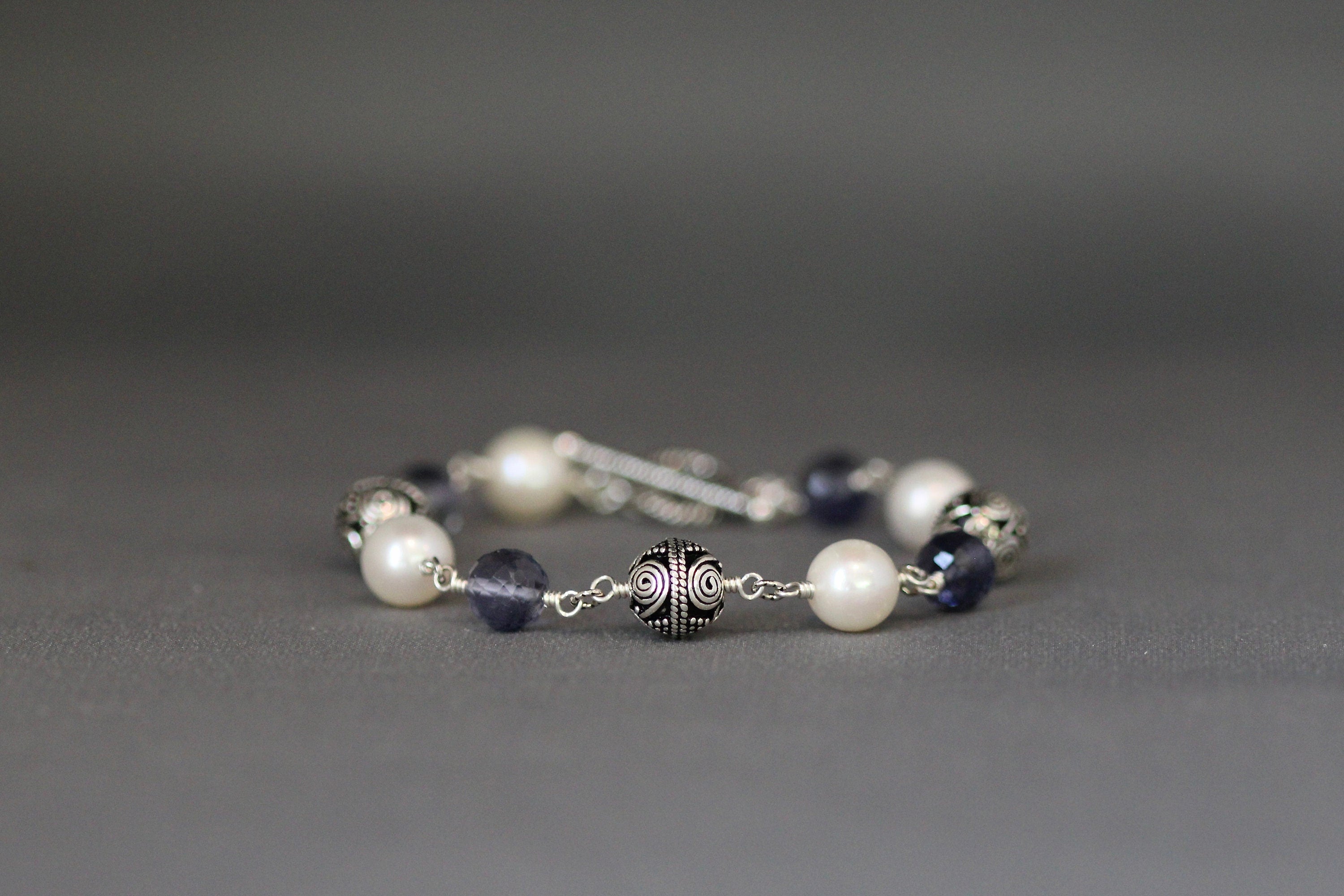 Blue Iolite, Freshwater Pearl, and Bali Sterling Silver Bracelet