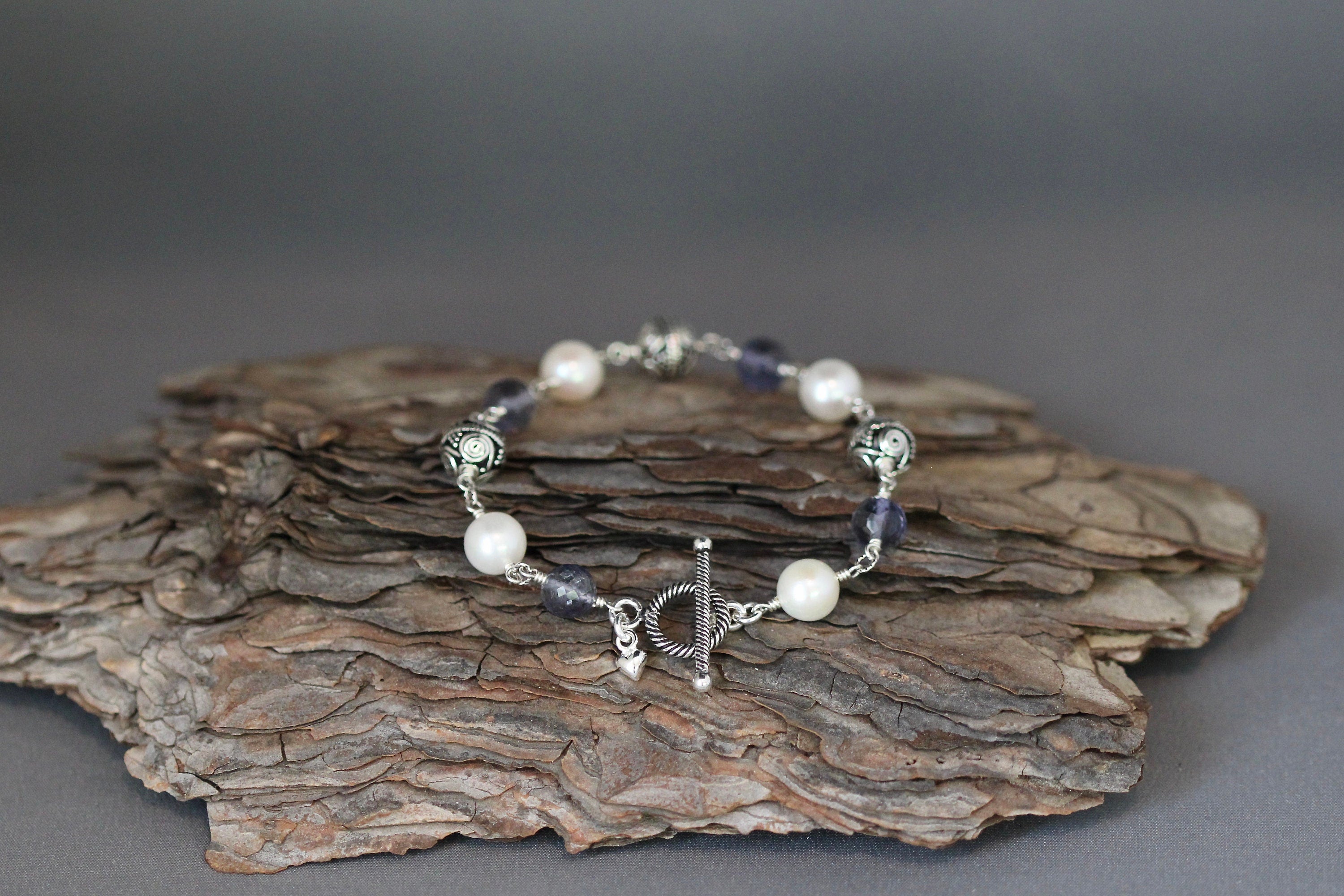 Blue Iolite, Freshwater Pearl, and Bali Sterling Silver Bracelet