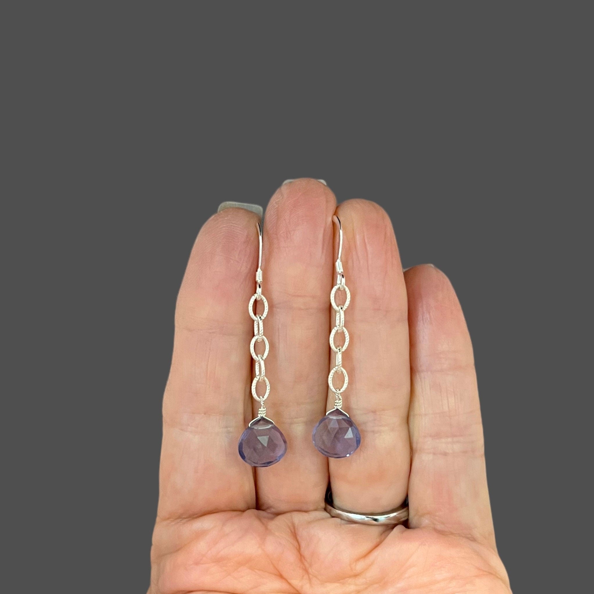 Iolite Quartz Teardrop Earrings on Silver Chain Links