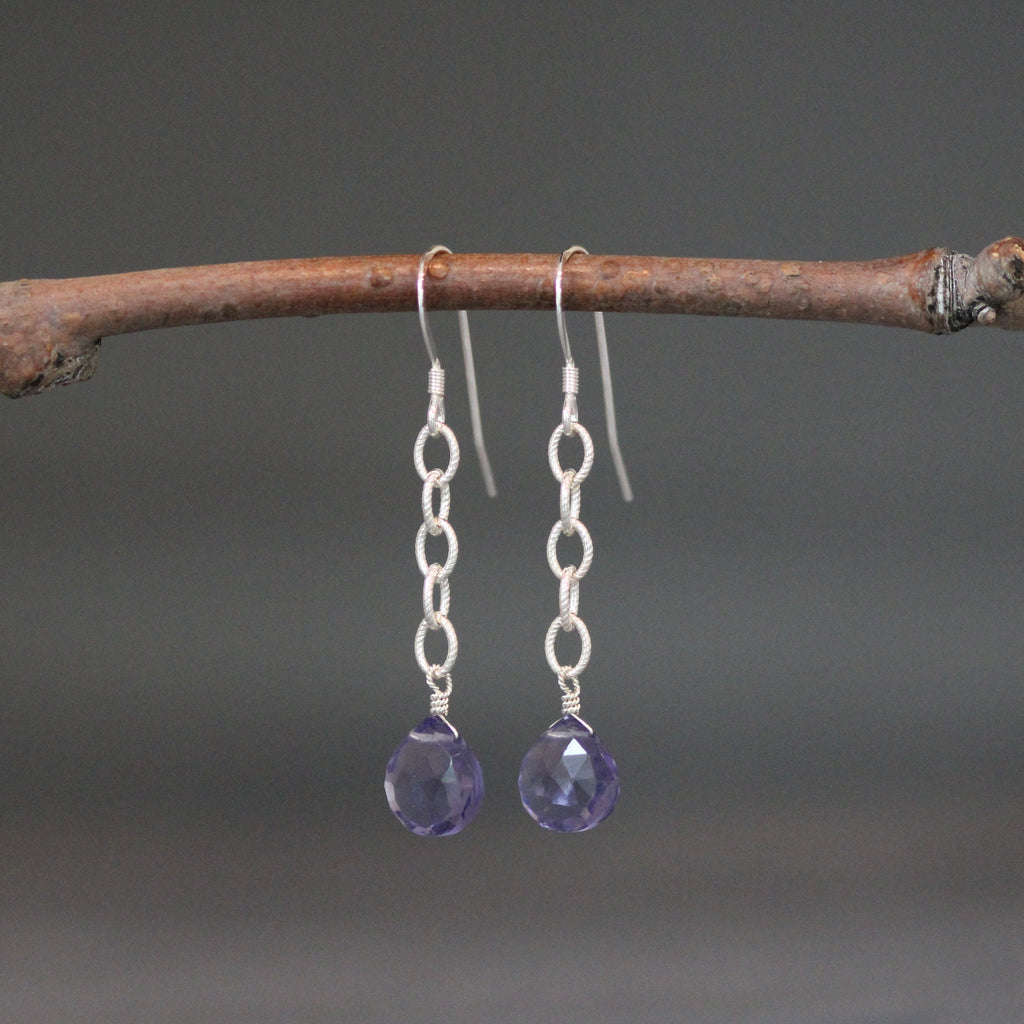 Iolite Quartz Teardrop Earrings on Silver Chain Links