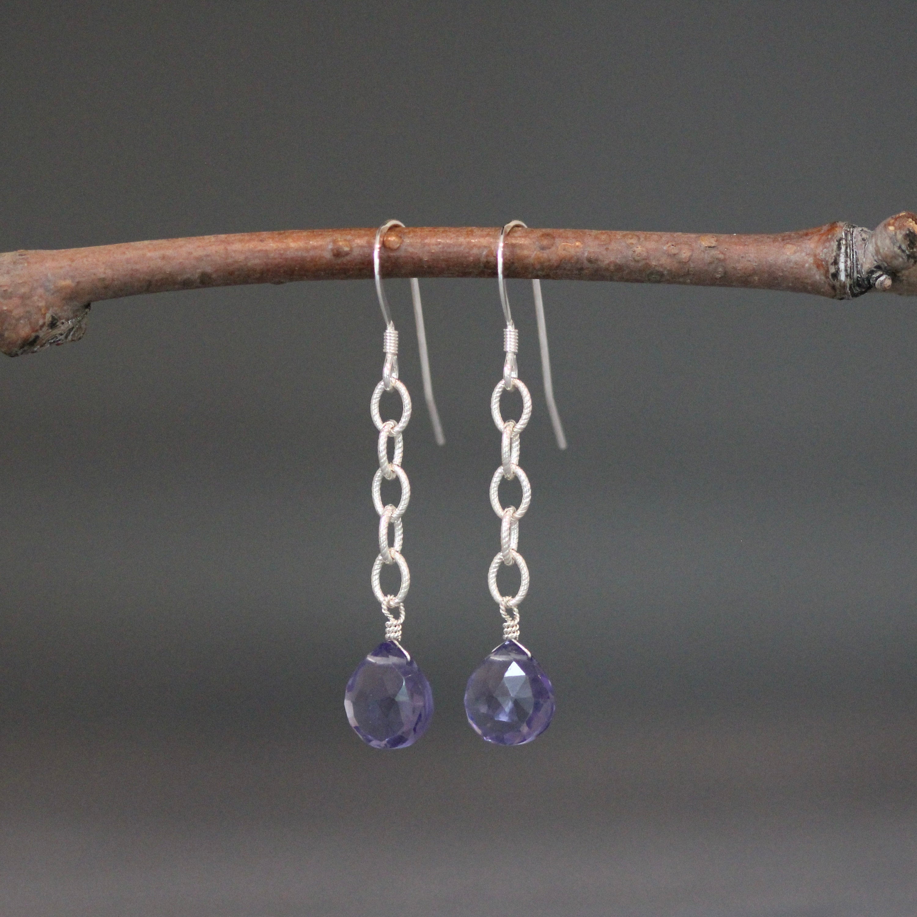 Iolite Quartz Teardrop Earrings on Silver Chain Links