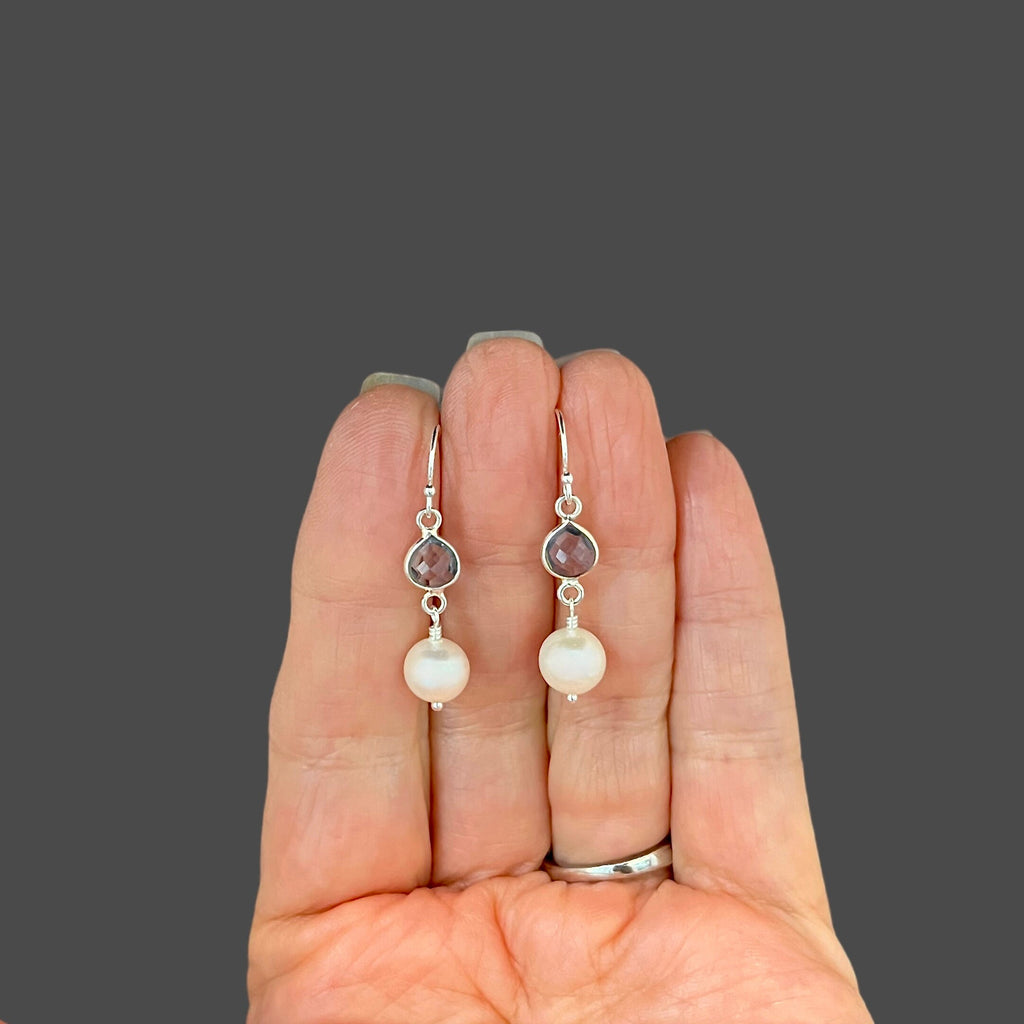 Iolite Quartz and Freshwater Pearl Dangle Earrings in Sterling Silver