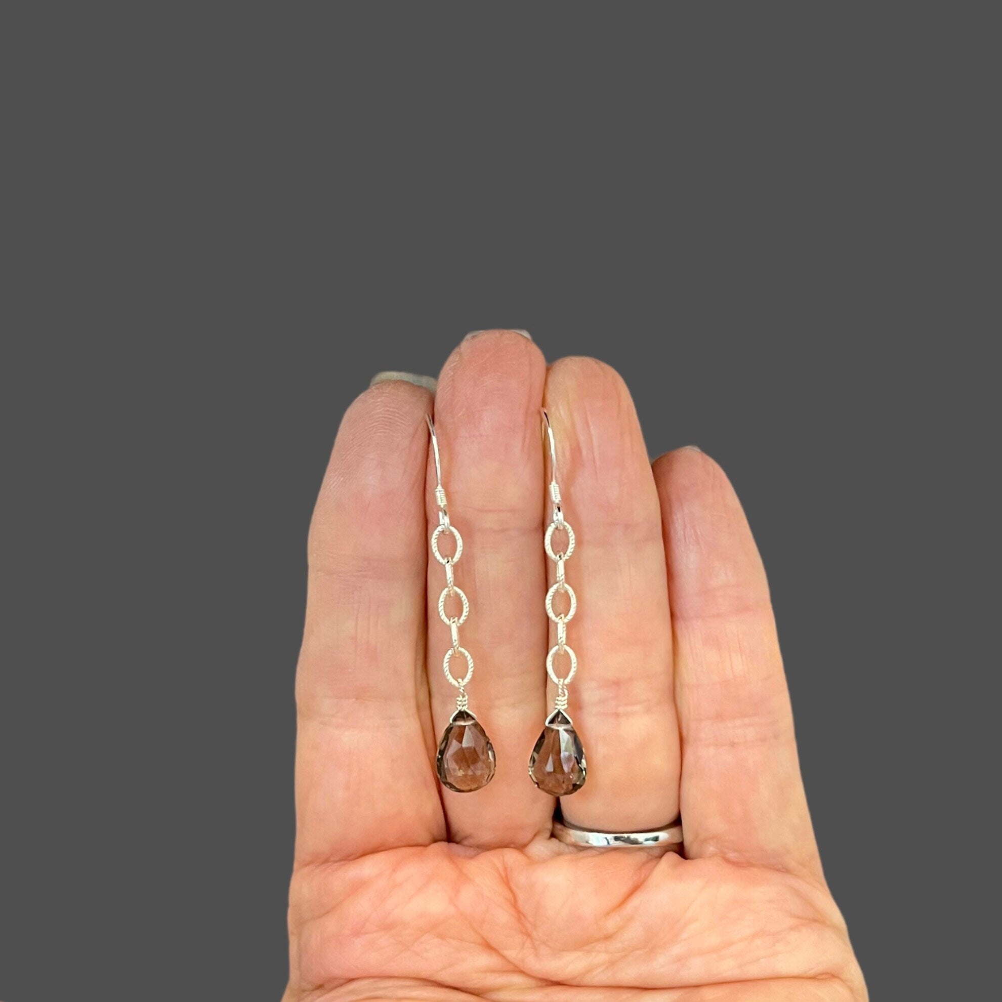 Smoky Quartz Teardrop Earrings on Sterling Silver Chain Links