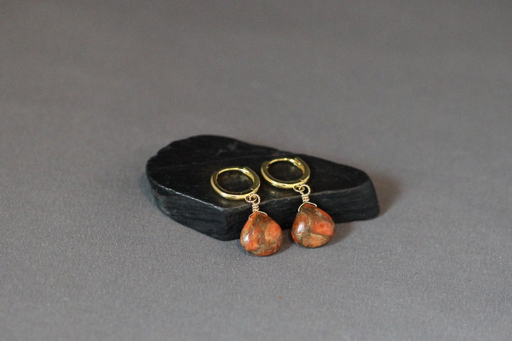 Orange Copper Turquoise Teardrop Earrings on Gold Vermeil Huggie Hoops