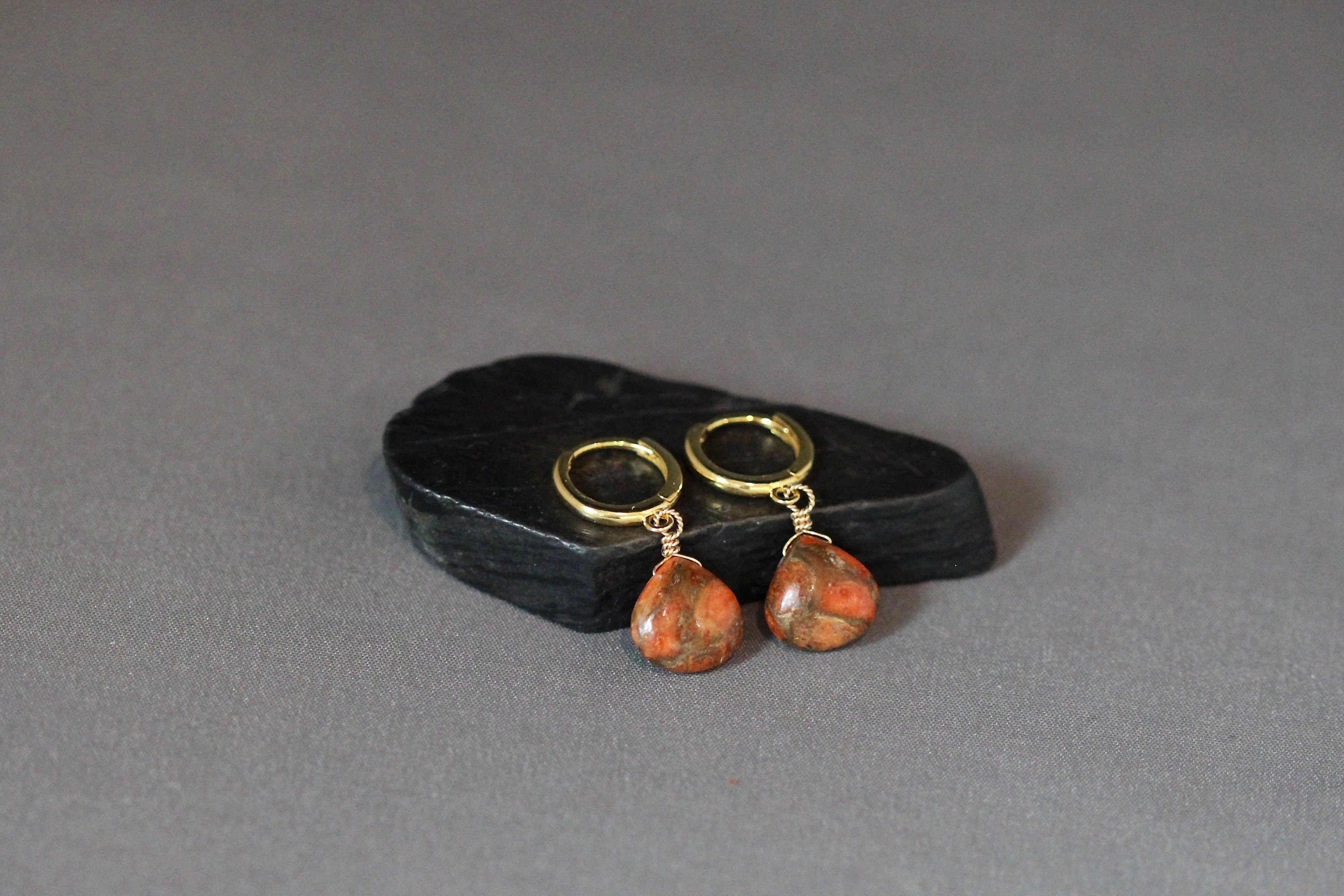 Orange Copper Turquoise Teardrop Earrings on Gold Vermeil Huggie Hoops