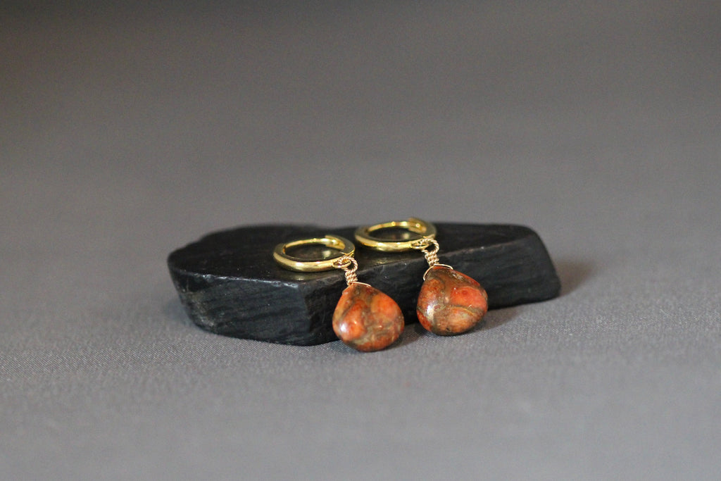 Orange Copper Turquoise Teardrop Earrings on Gold Vermeil Huggie Hoops