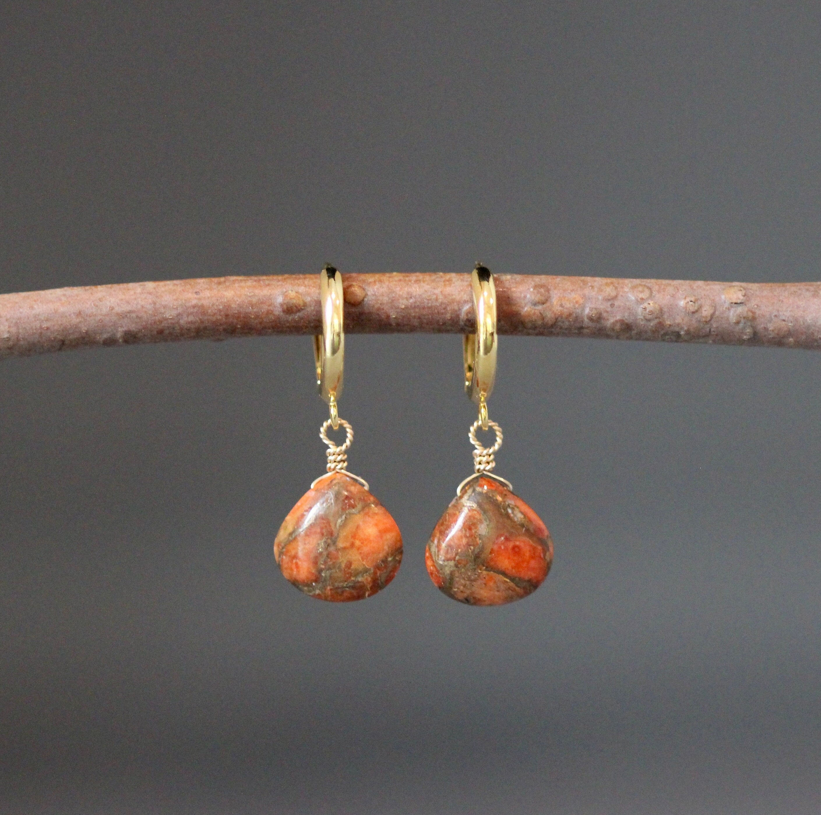 Orange Copper Turquoise Teardrop Earrings on Gold Vermeil Huggie Hoops