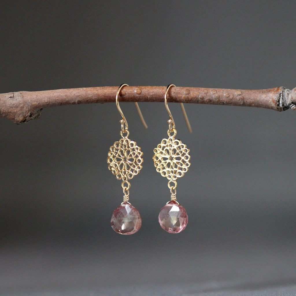Pink Mystic Quartz Teardrop Earrings on Gold Vermeil Filigree Links