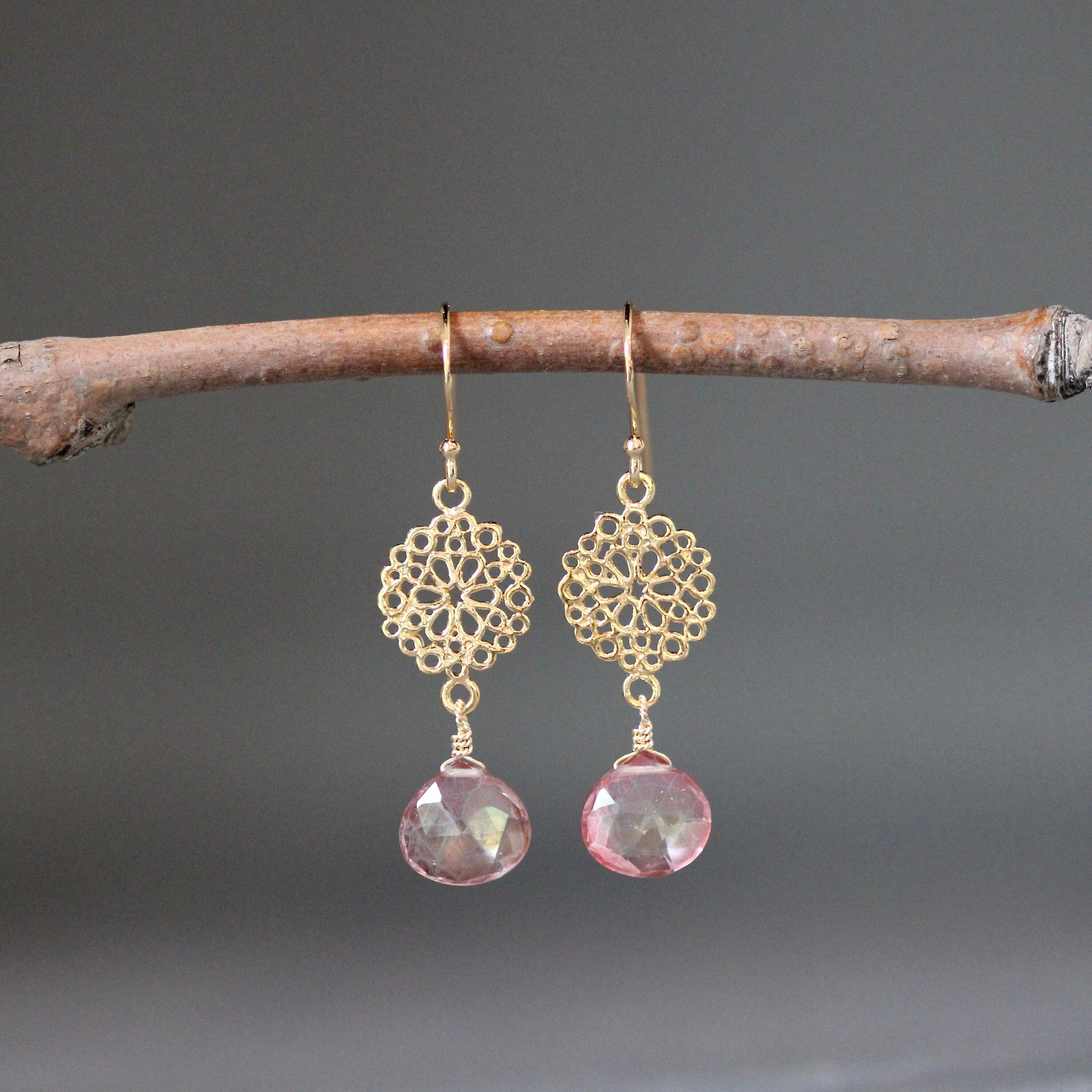 Pink Mystic Quartz Teardrop Earrings on Gold Vermeil Filigree Links