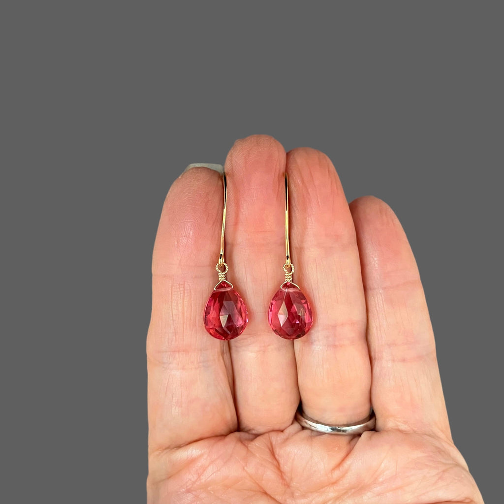 Hot Pink Quartz Teardrop Earrings on Long Gold Vermeil Earwires