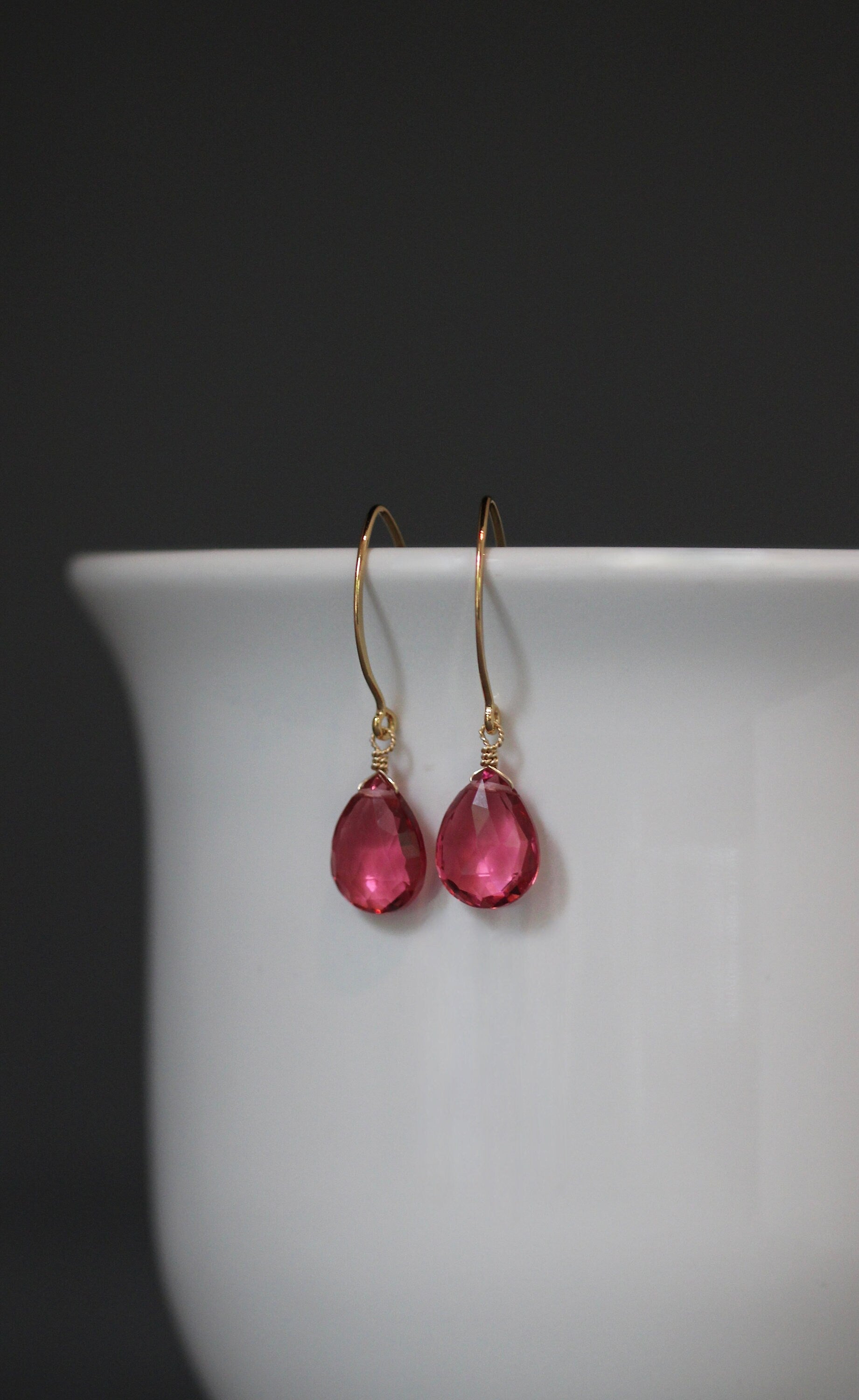 Hot Pink Quartz Teardrop Earrings on Long Gold Vermeil Earwires