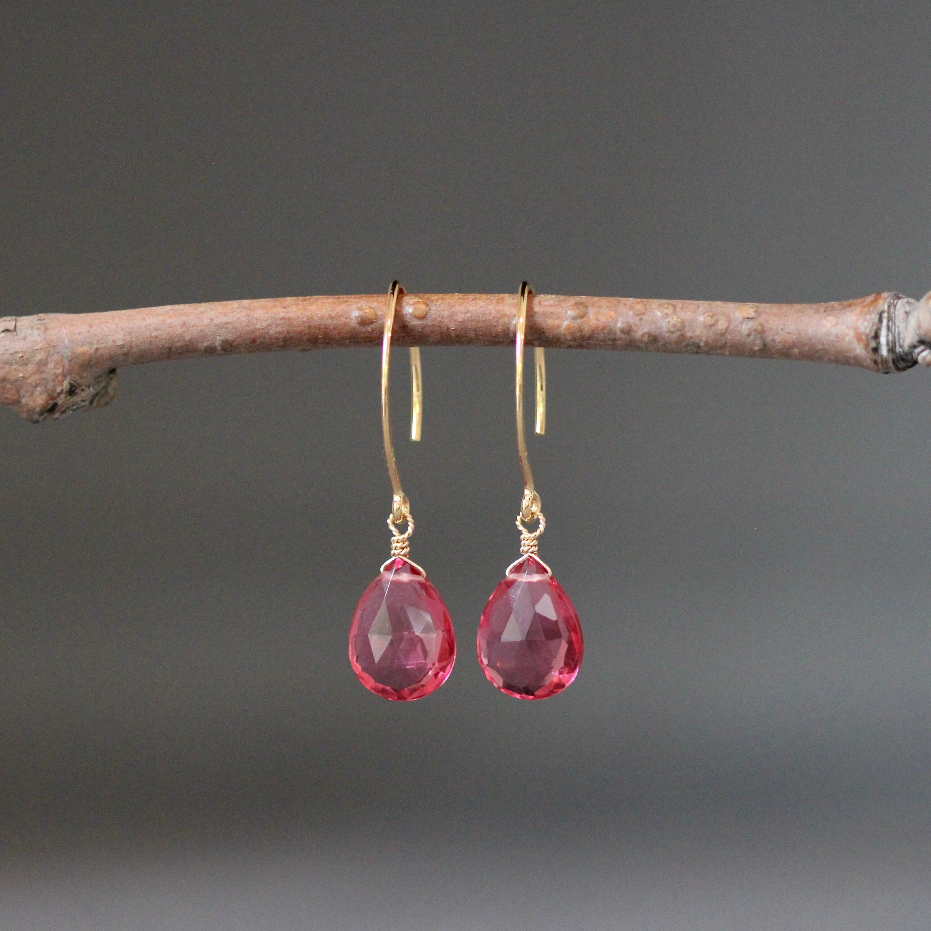 Hot Pink Quartz Teardrop Earrings on Long Gold Vermeil Earwires