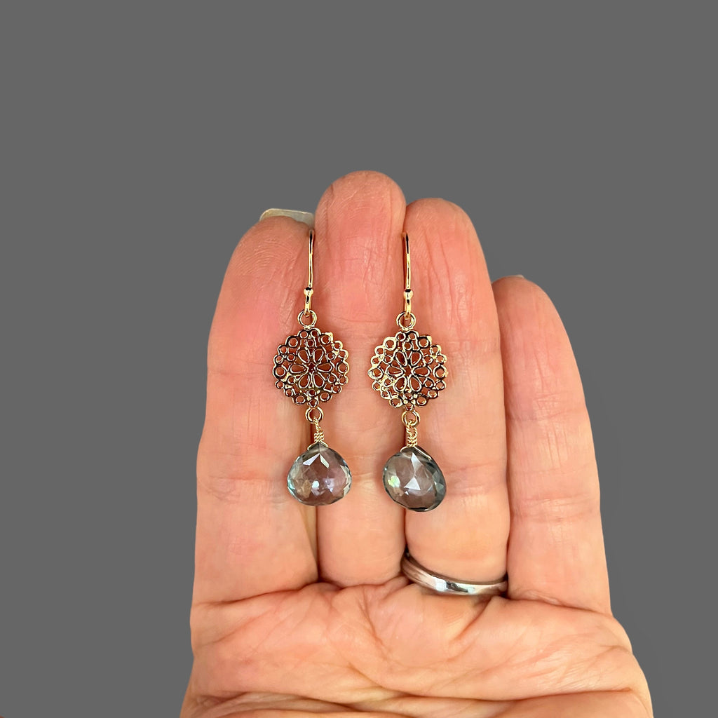 Green Mystic Quartz Teardrop Earrings on Gold Vermeil Filigree Links