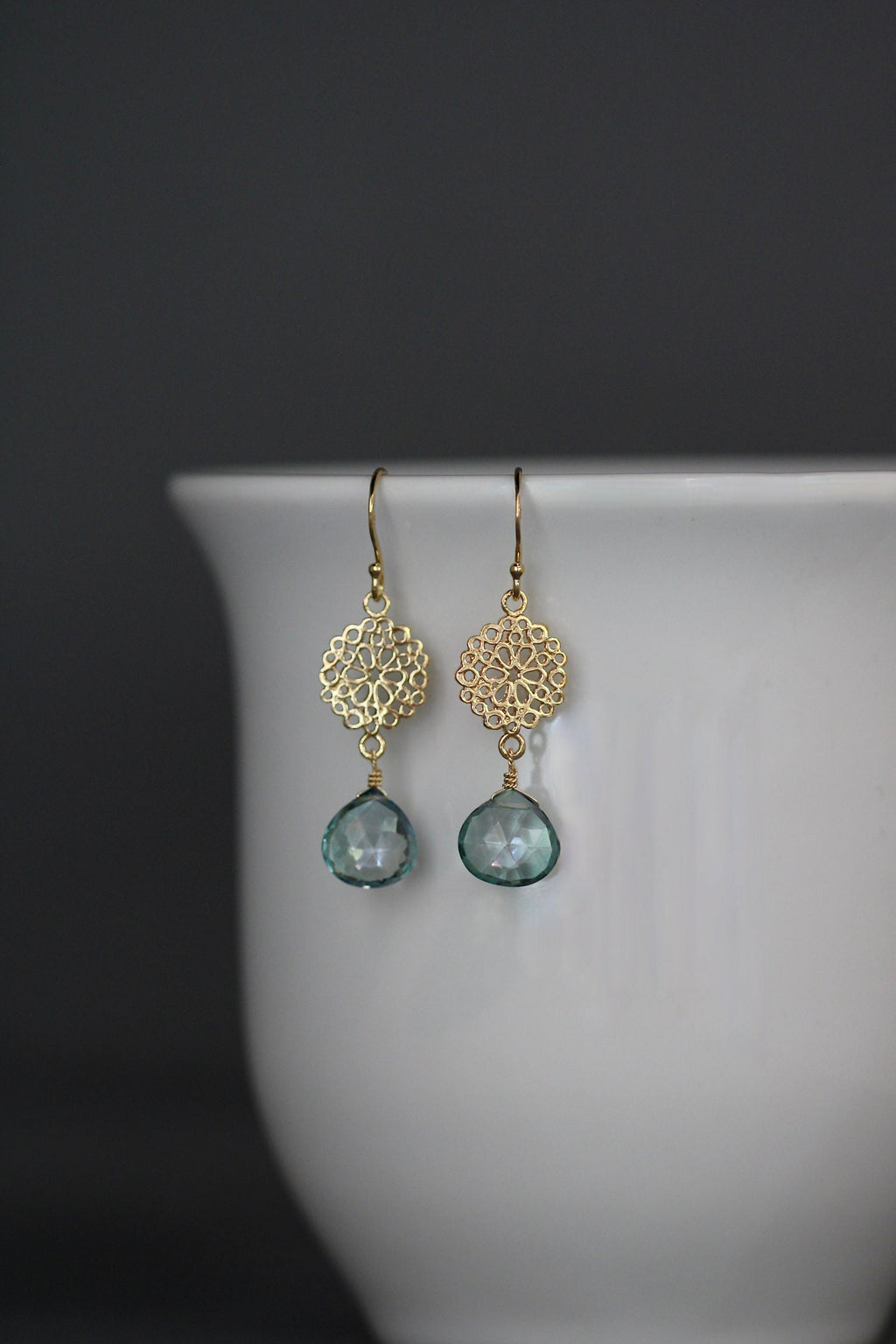 Green Mystic Quartz Teardrop Earrings on Gold Vermeil Filigree Links