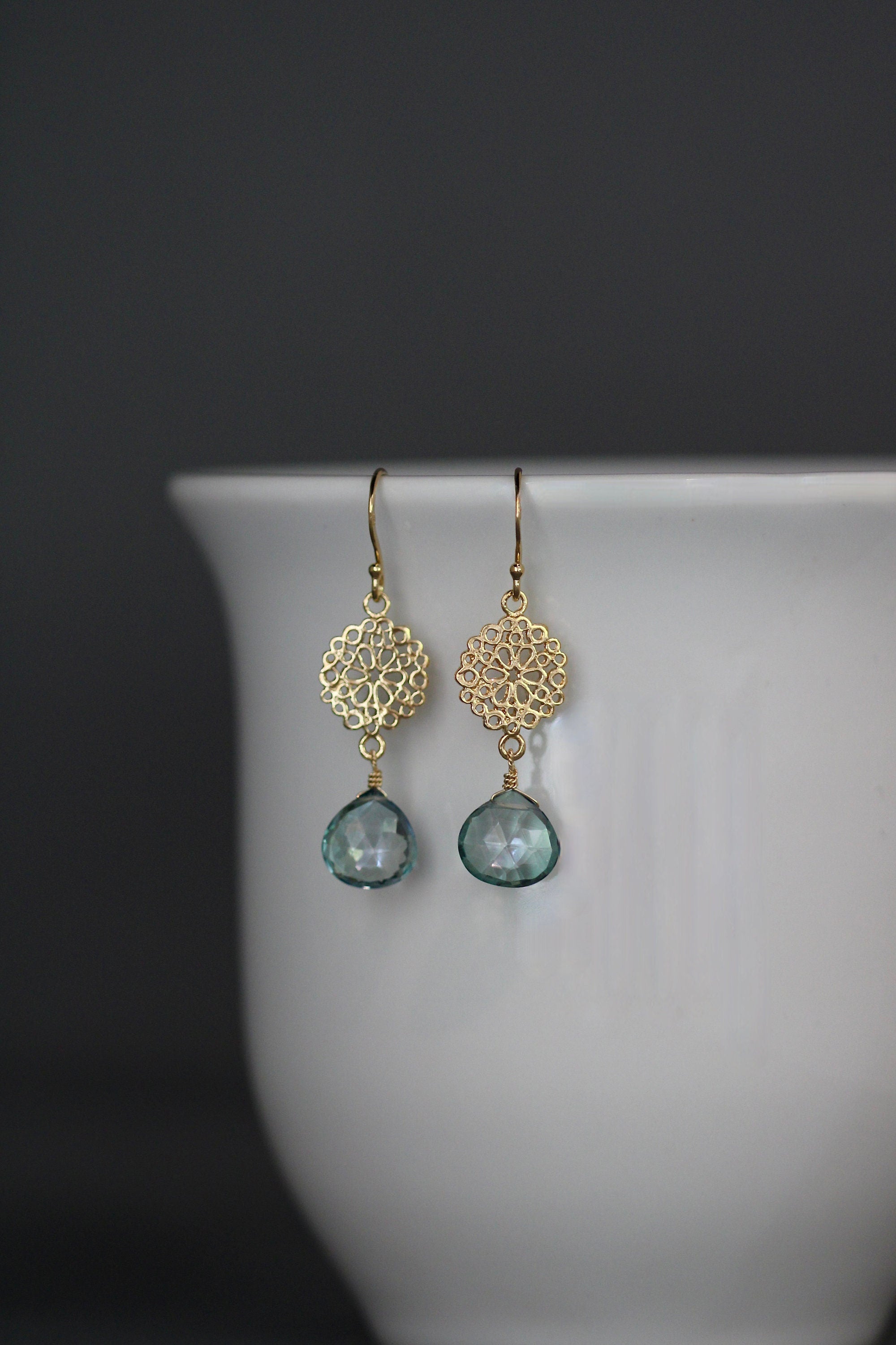 Green Mystic Quartz Teardrop Earrings on Gold Vermeil Filigree Links