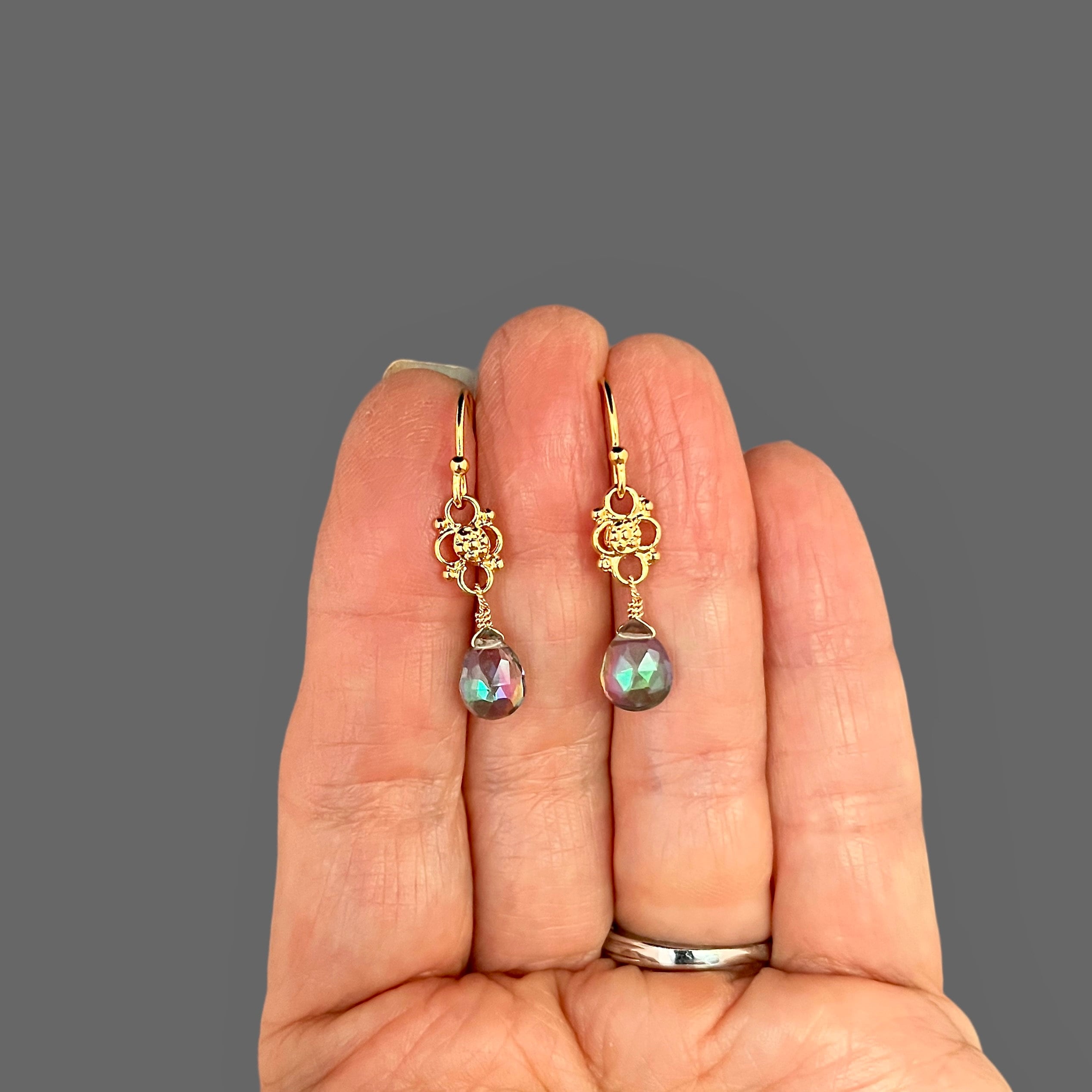 Mystic Quartz Iridescent Teardrop Earrings on Gold Vermeil Links