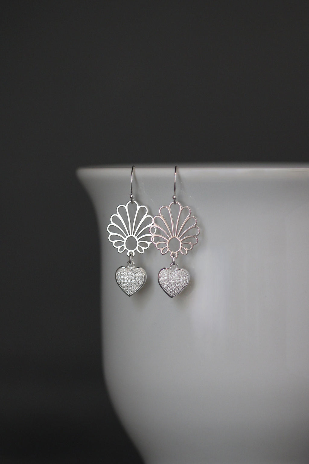 Cubic Zirconia Pave Heart Earrings with Silver Filigree