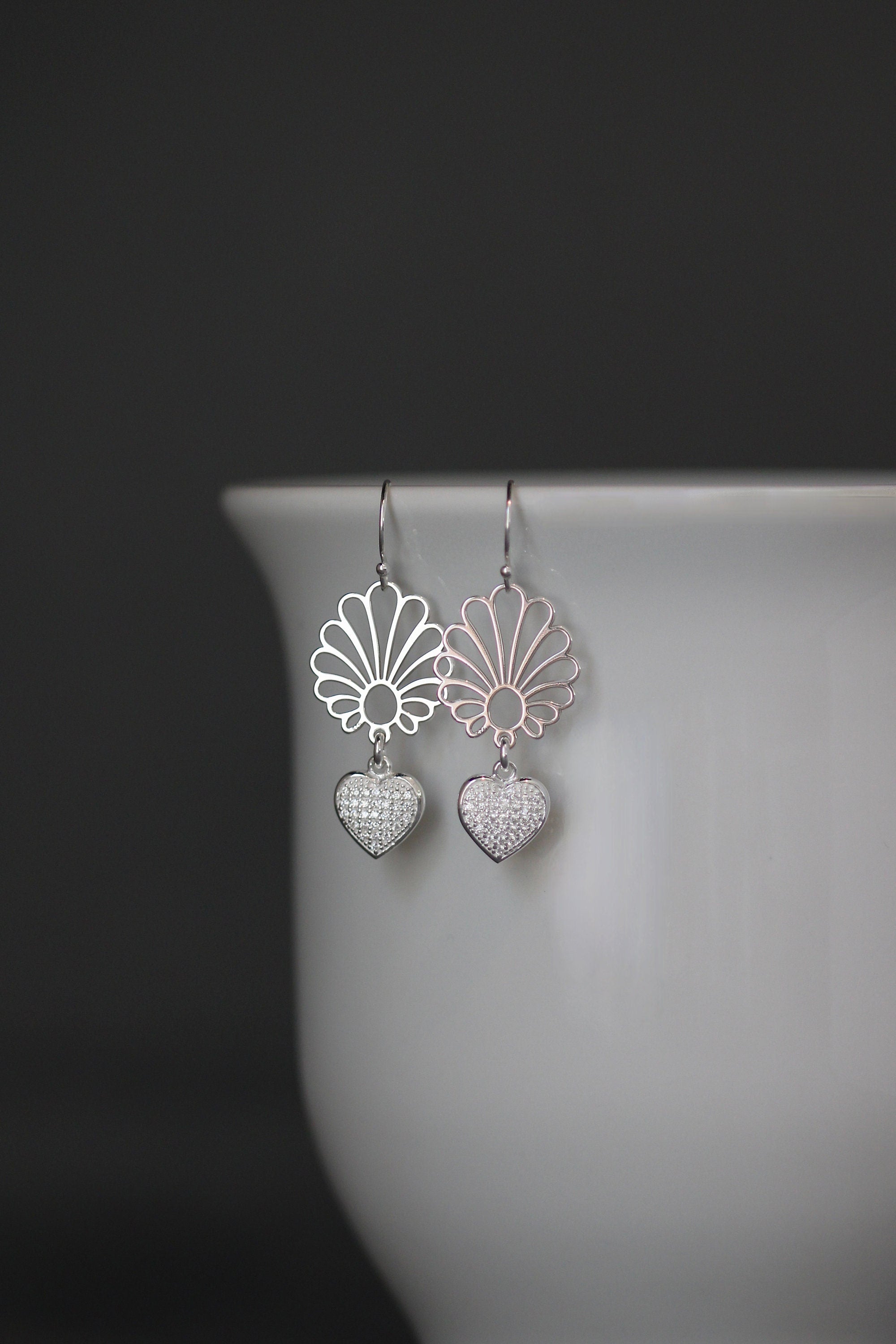 Cubic Zirconia Pave Heart Earrings with Silver Filigree