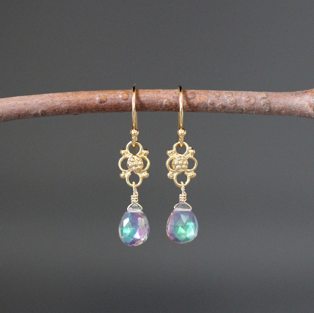 Mystic Quartz Iridescent Teardrop Earrings on Gold Vermeil Links
