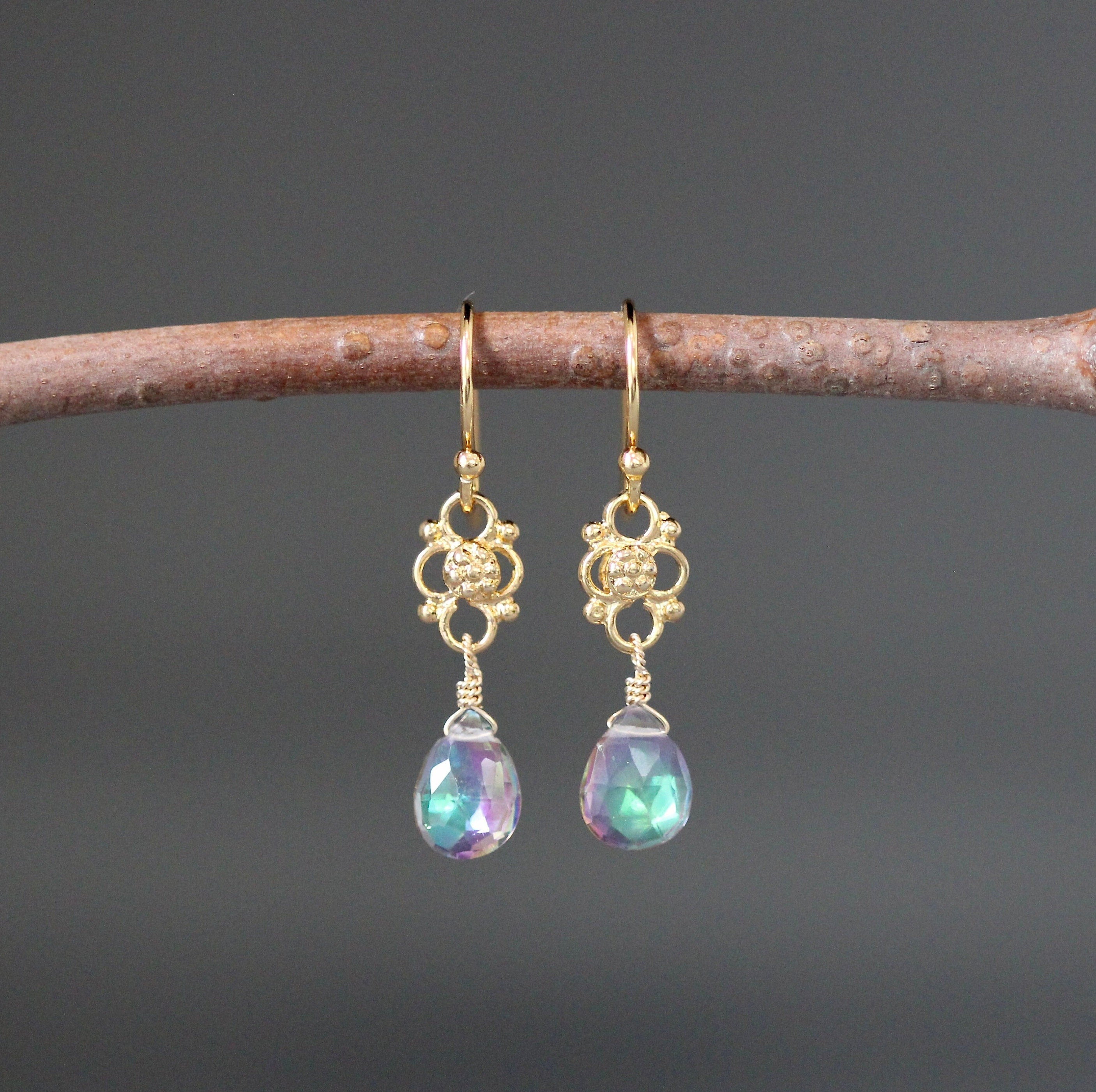 Mystic Quartz Iridescent Teardrop Earrings on Gold Vermeil Links