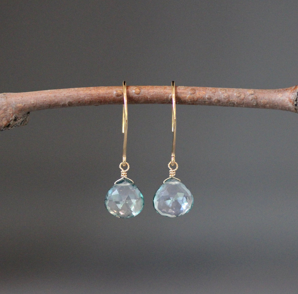 Green Mystic Quartz Teardrop Dangle Earrings on Gold Vermeil Earwires