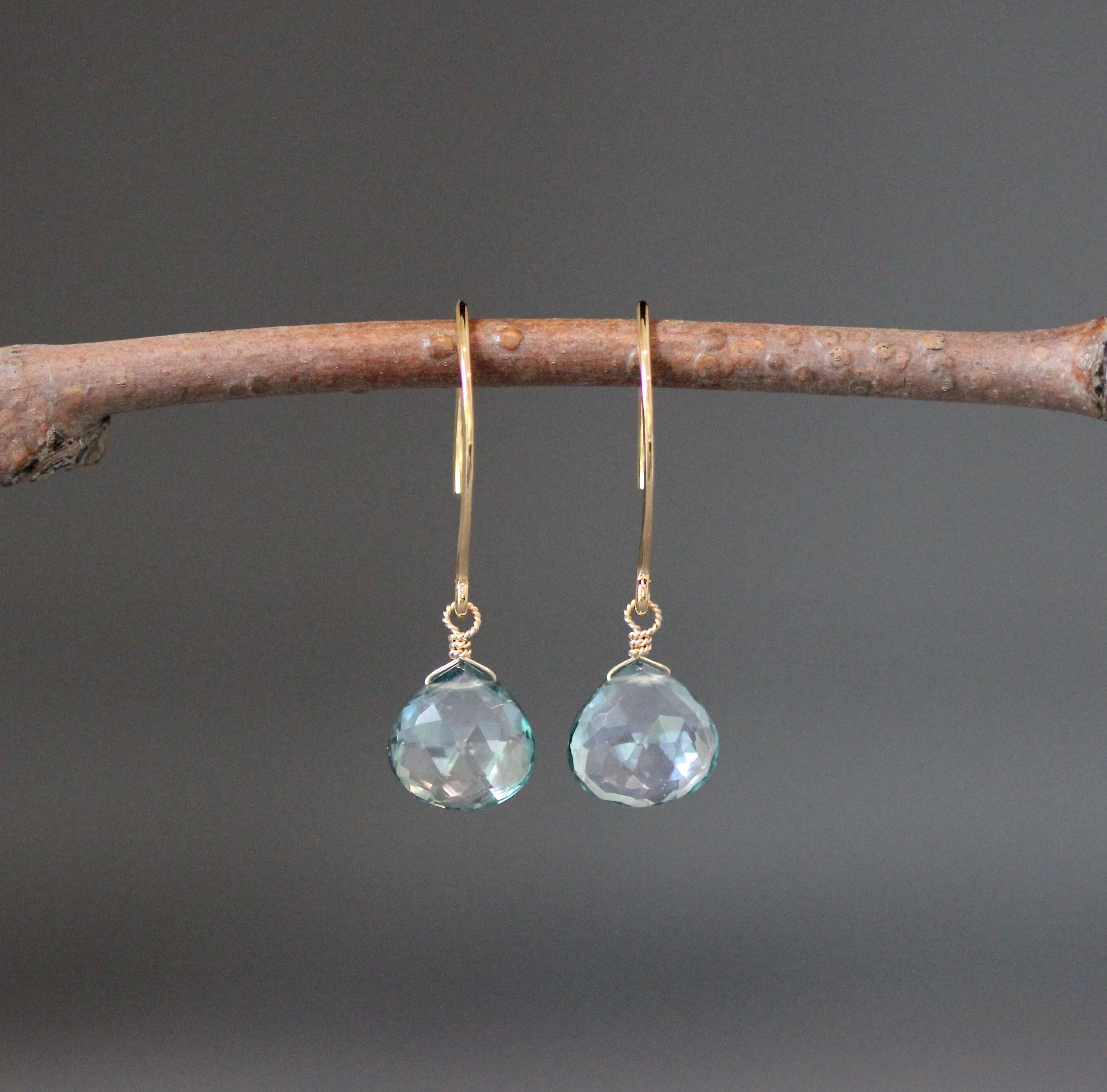 Green Mystic Quartz Teardrop Dangle Earrings on Gold Vermeil Earwires