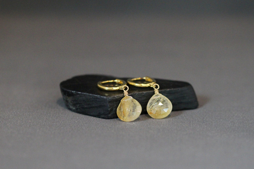 Gold Rutilated Quartz Teardrop Earrings on Gold Vermeil Huggie Hoops I