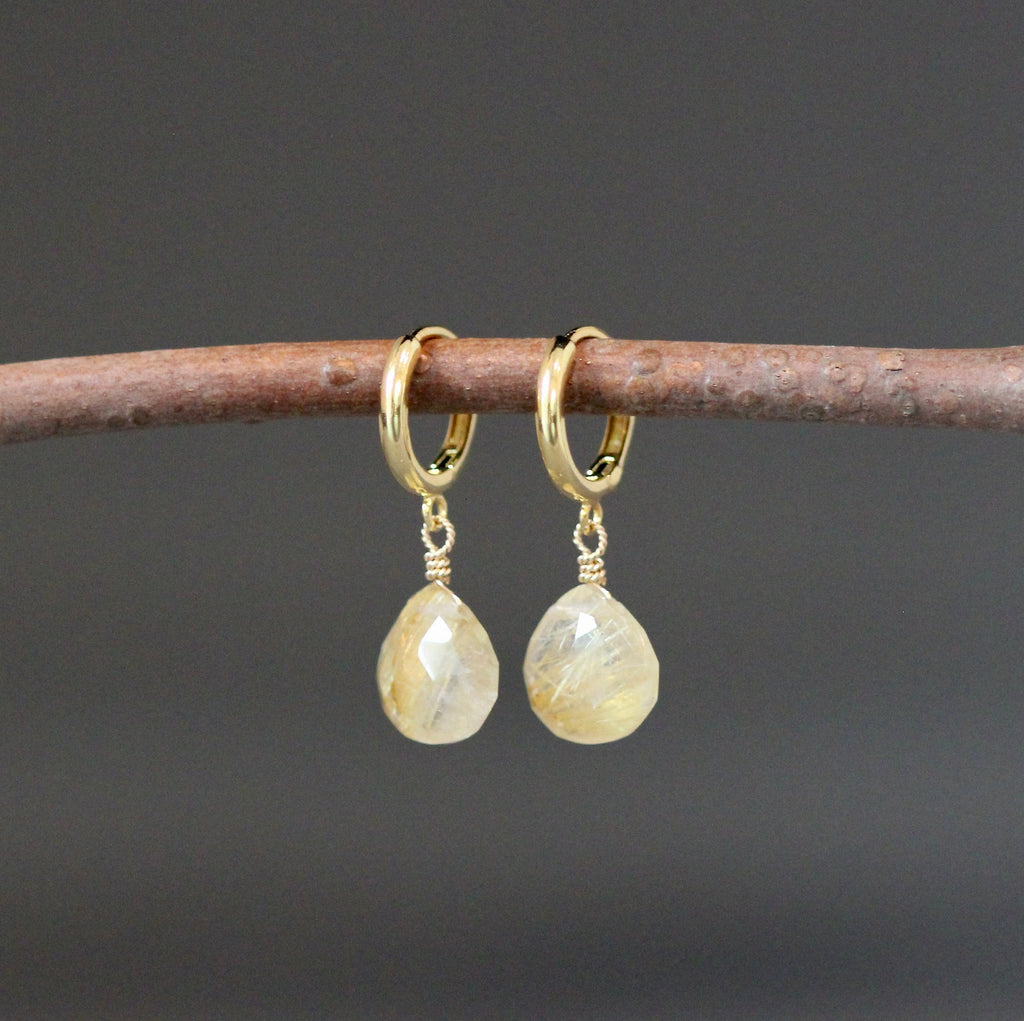 Gold Rutilated Quartz Teardrop Earrings on Gold Vermeil Huggie Hoops I